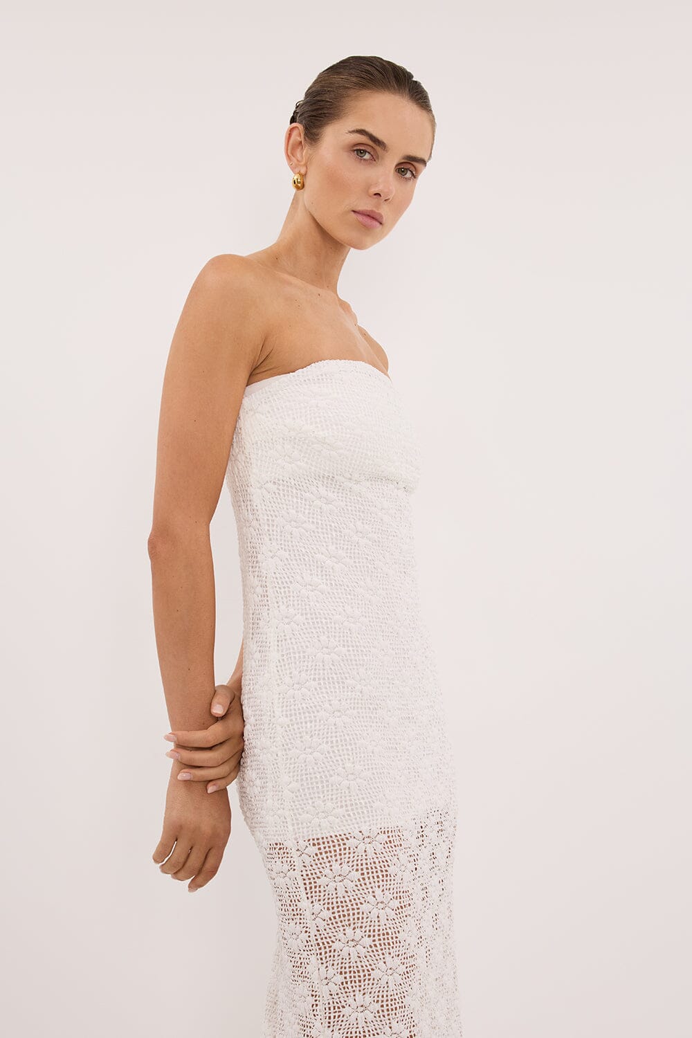 AGNES WHITE STRAPLESS CROCHET MAXI DRESS - Image 2