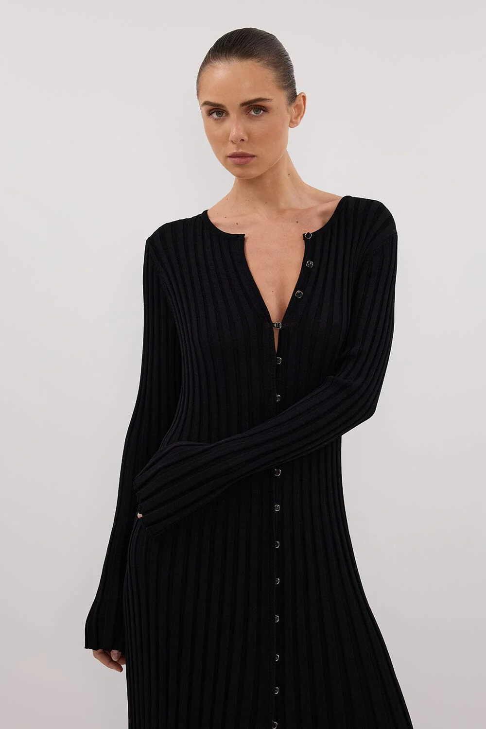 ALI BLACK SLEEVED KNIT MIDI DRESS - Image 2