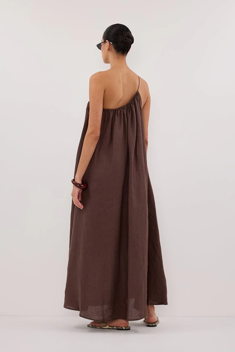 ALMA BITTER CHOC ASYM LINEN MIDI DRESS - Image 4