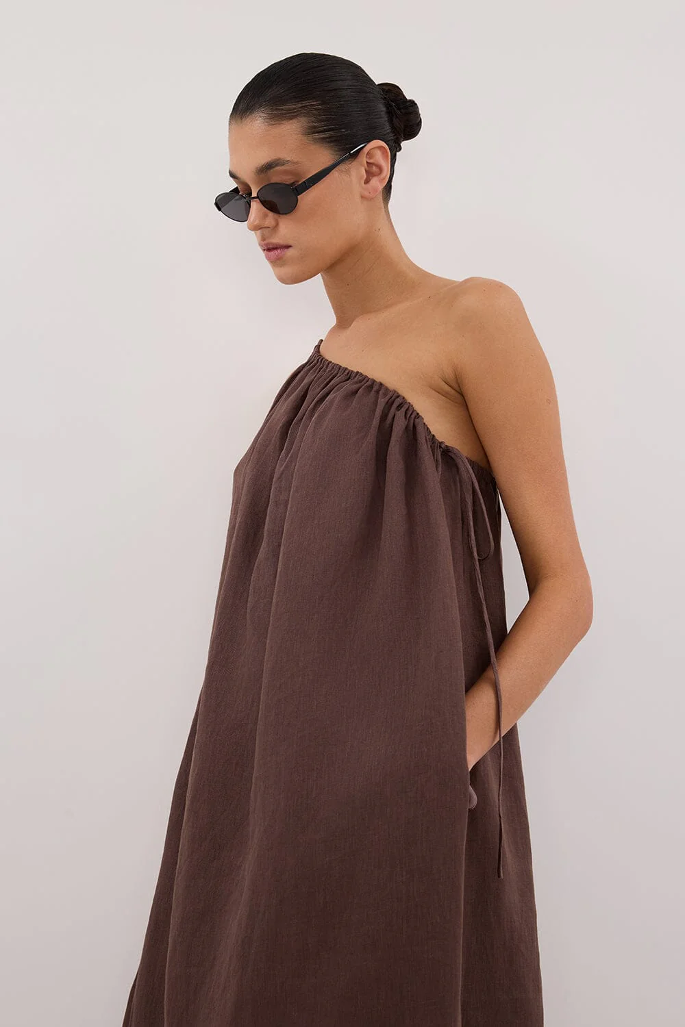 ALMA BITTER CHOC ASYM LINEN MIDI DRESS - Image 6