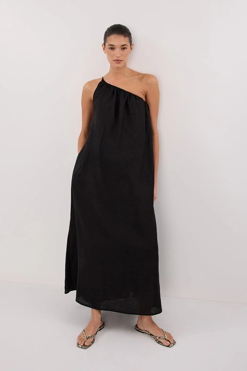 ALMA BLACK ASYM LINEN MIDI DRESS - Image 6