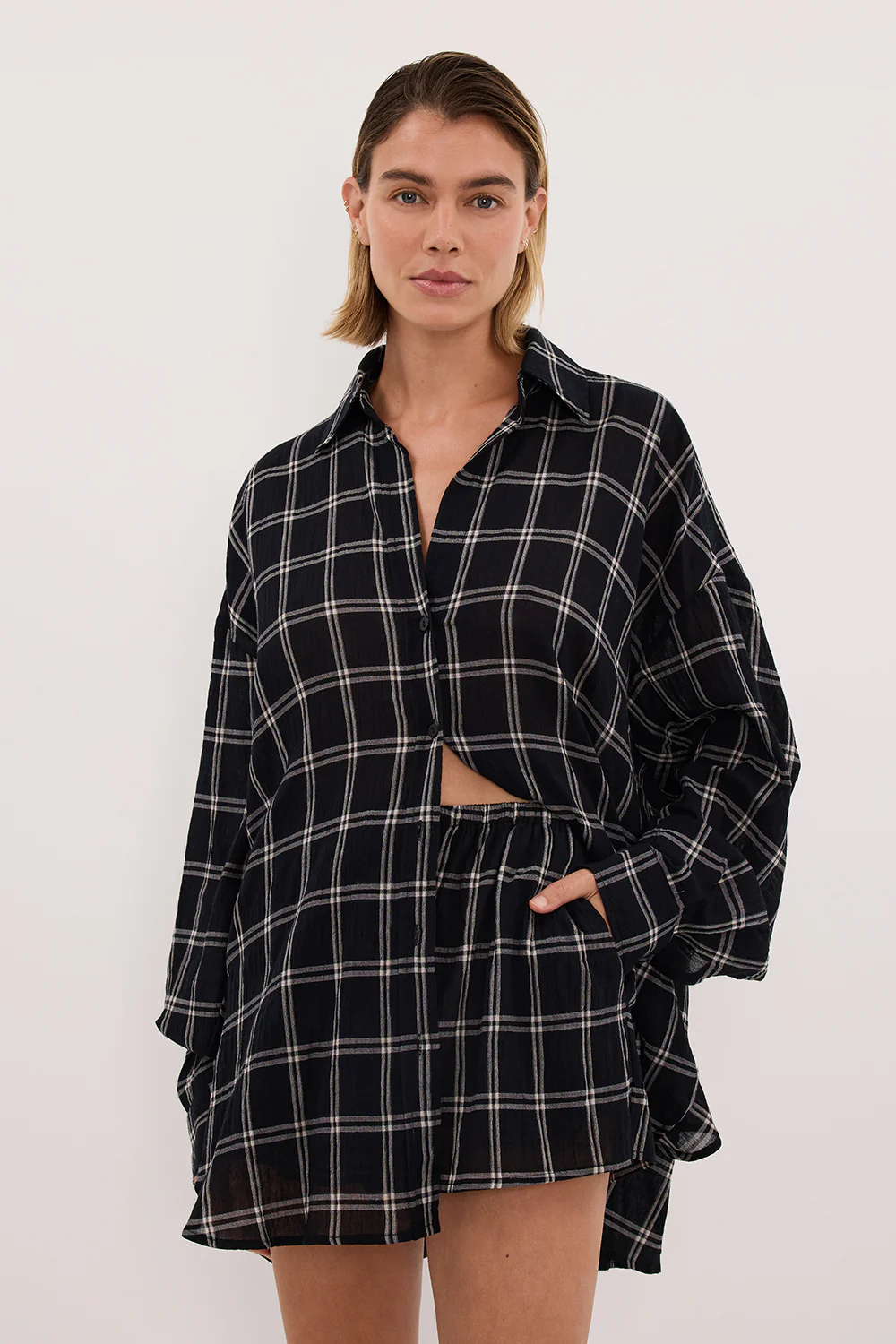 ANNALISE BLACK LONG SLEEVE CHECK SHIRT - Image 3