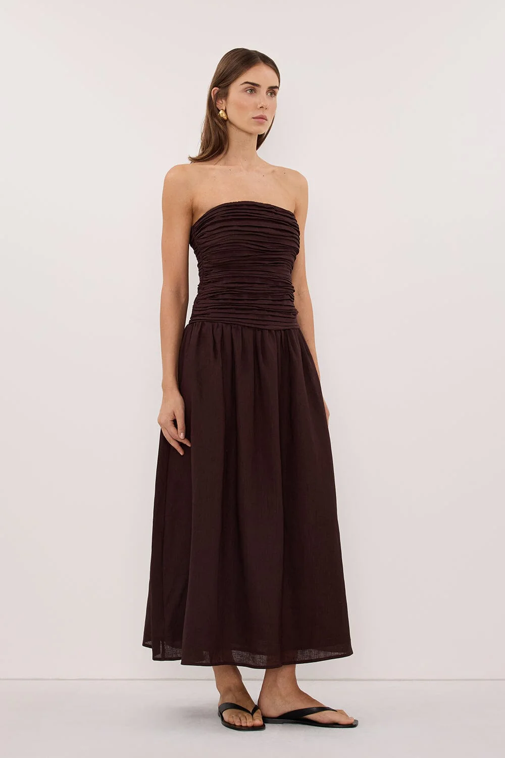 AUBRIELLA BURNT CHOC LINEN MIDI DRESS - Image 3