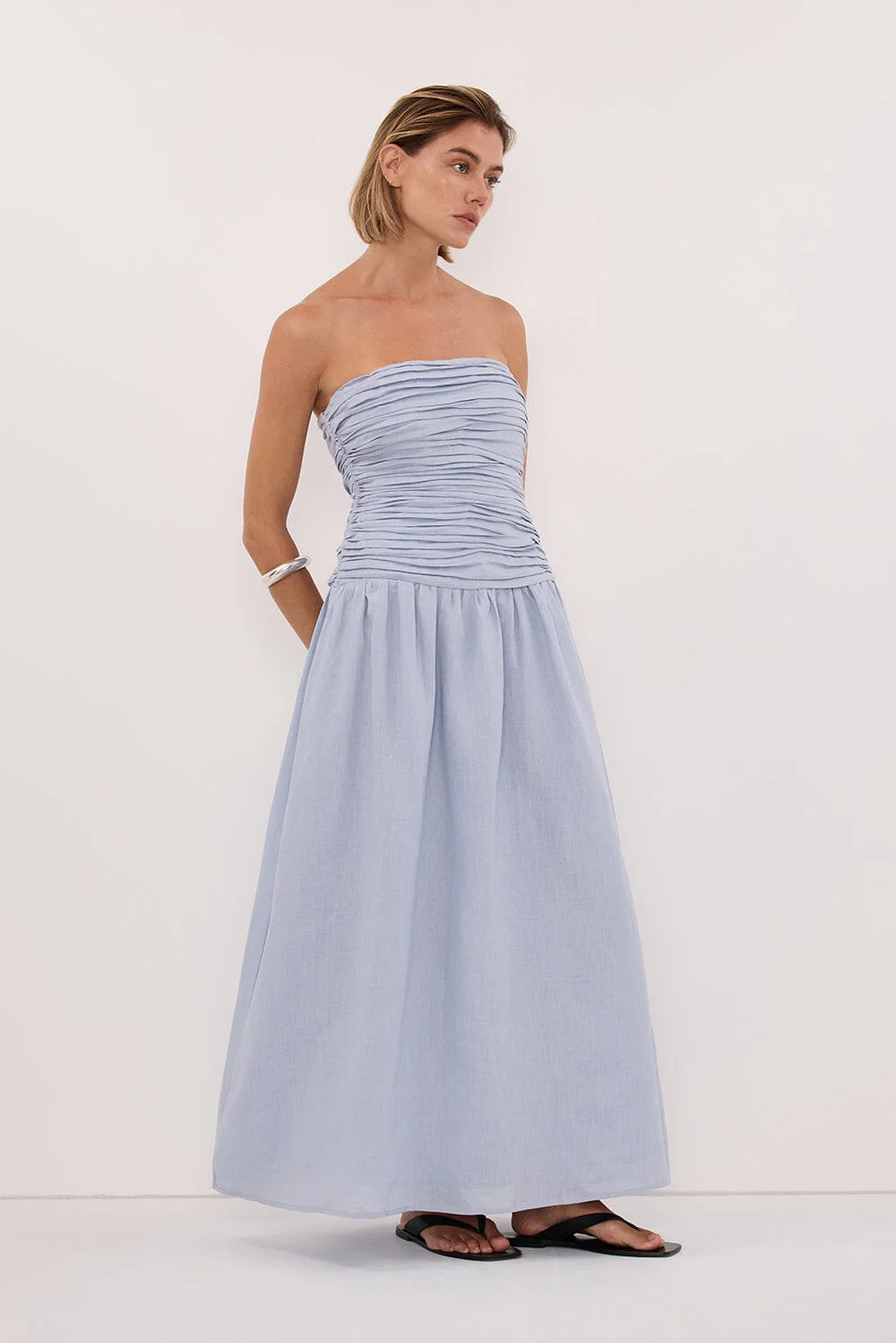 AUBRIELLA DUSTY BLUE LINEN MIDI DRESS - Image 4