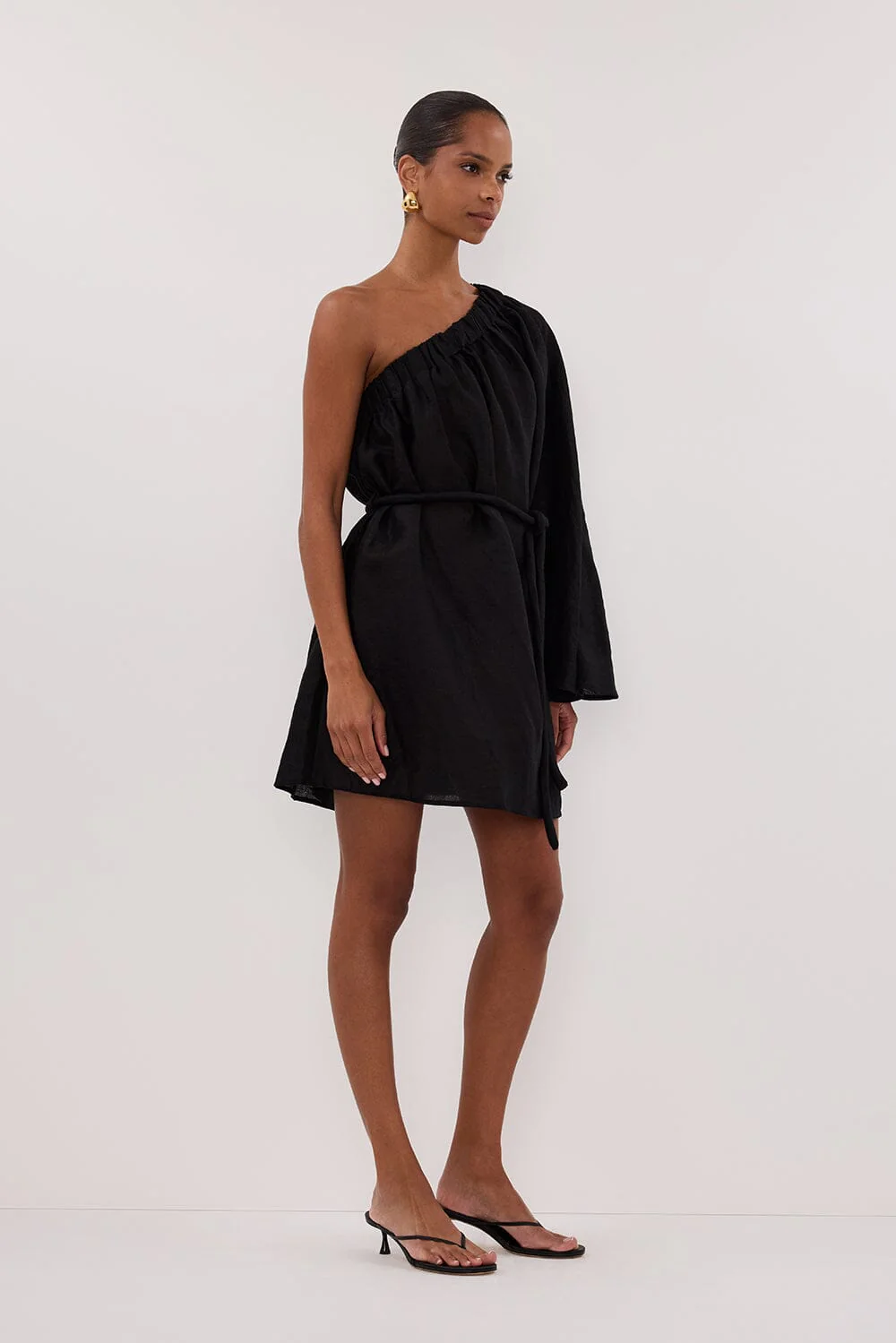 AURELIA BLACK ASYM LINEN MINI DRESS - Image 3