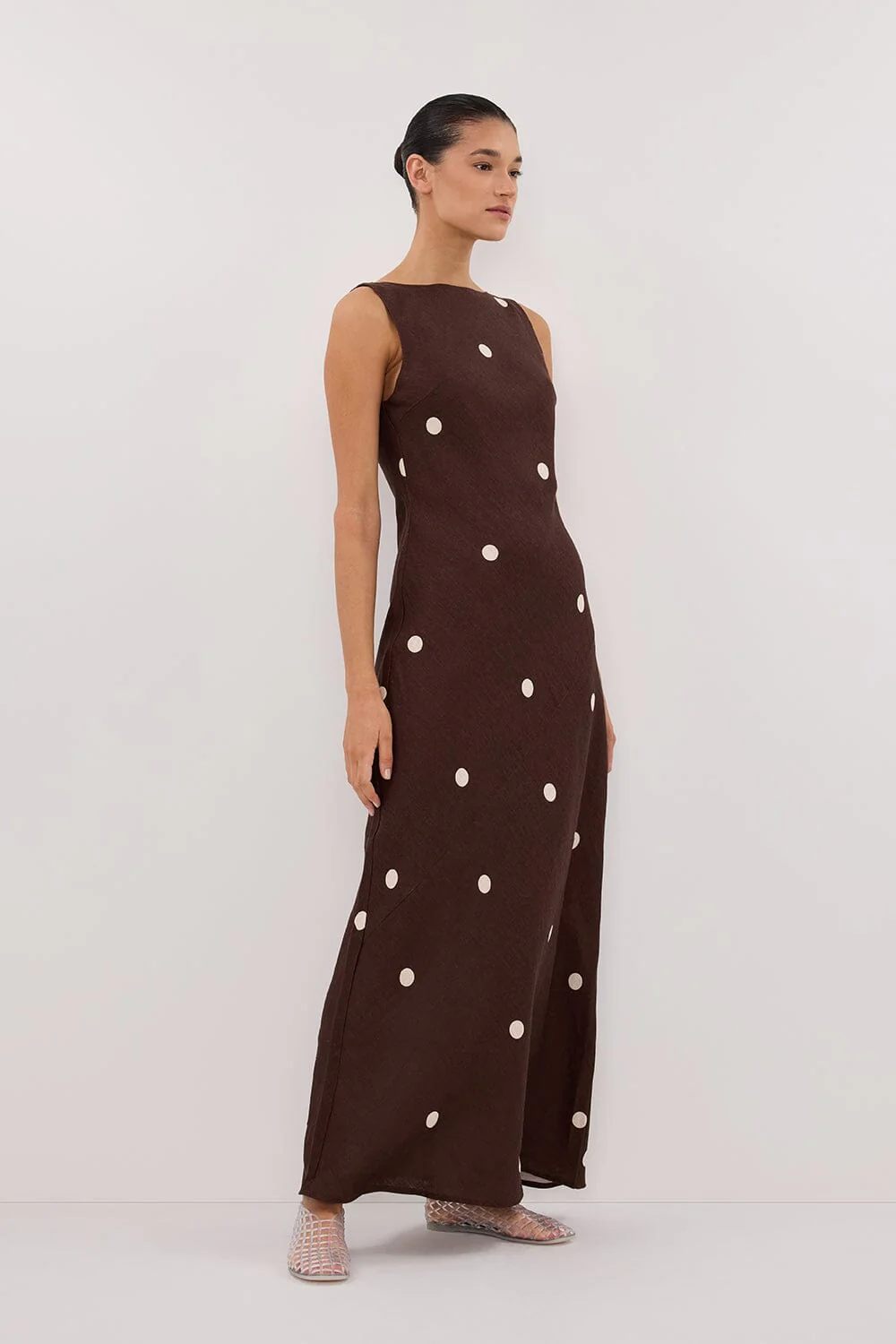 BEVERLY BITTER CHOC SPOT LINEN MIDI DRESS - Image 3