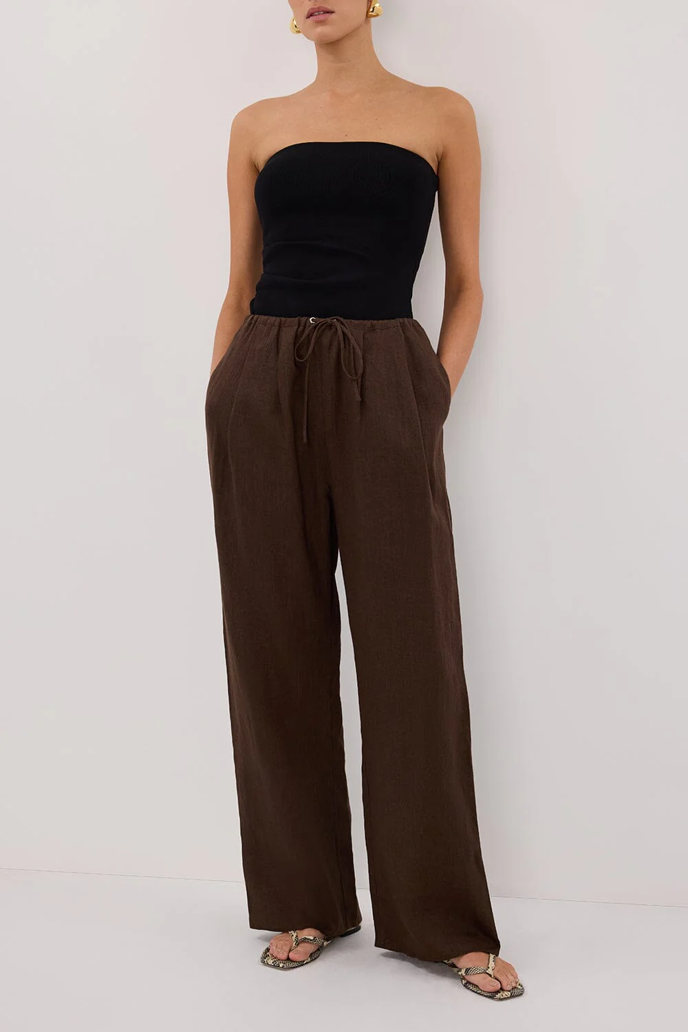 CARLA BITTER CHOC DRAWSTRING LINEN PANT - Image 2