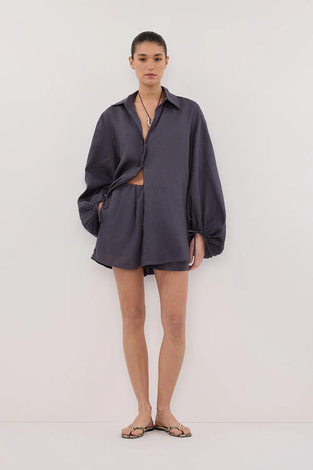 CARLA WASHED INDIGO LONG SLEEVE LINEN SHIRT