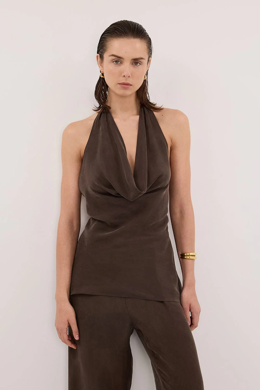 CARLENE BITTER CHOC SLEEVELESS CUPRO COWL TOP - Image 2