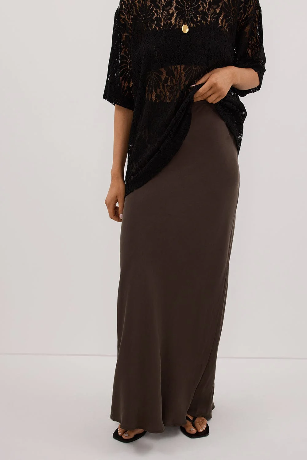 CONNIE BITTER CHOC CUPRO MAXI SKIRT - Image 2