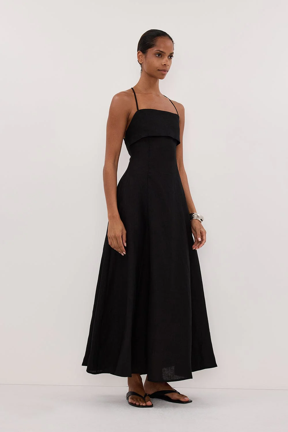 DANIELLA BLACK LINEN TIE BACK MIDI DRESS - Image 3