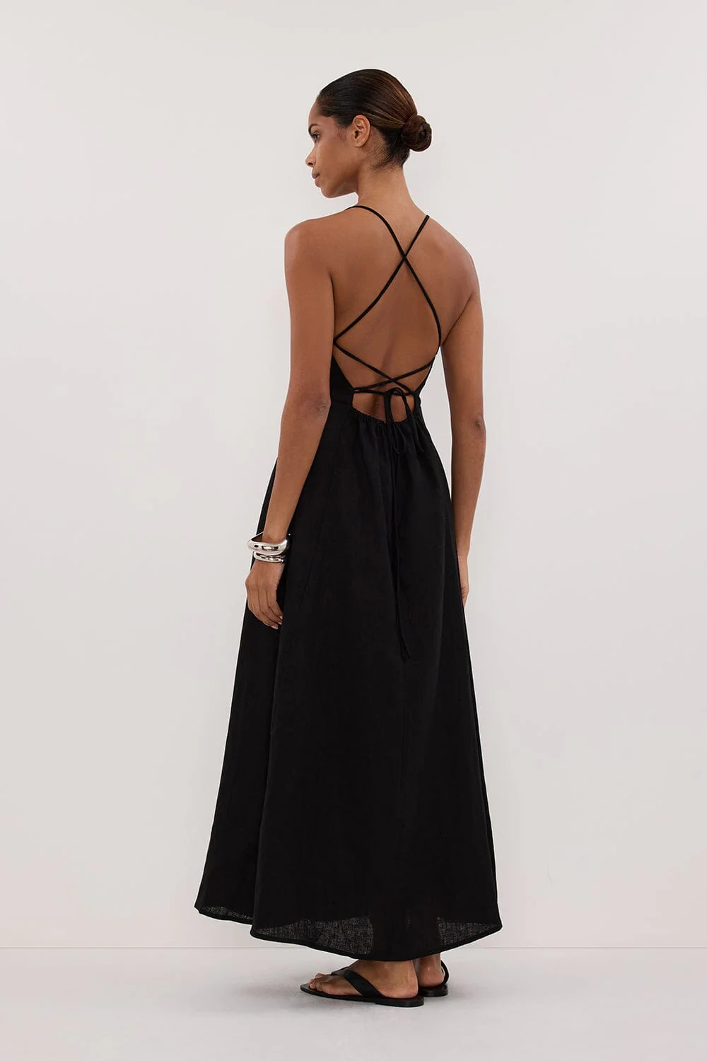 DANIELLA BLACK LINEN TIE BACK MIDI DRESS - Image 4