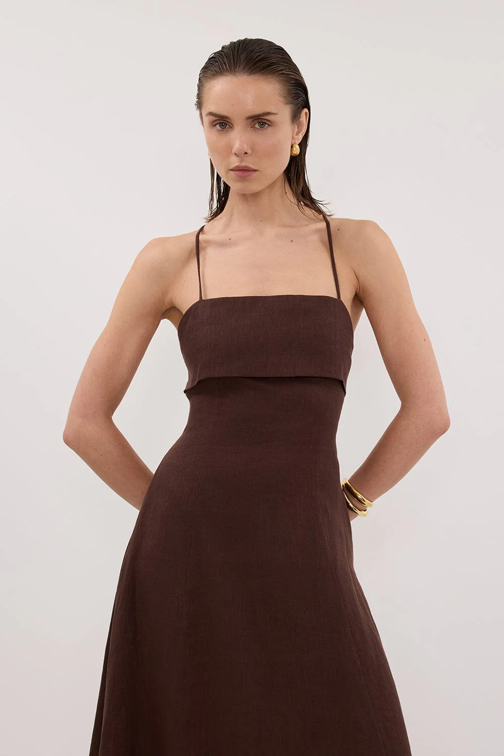 DANIELLA COCOA LINEN TIE BACK MIDI DRESS - Image 2