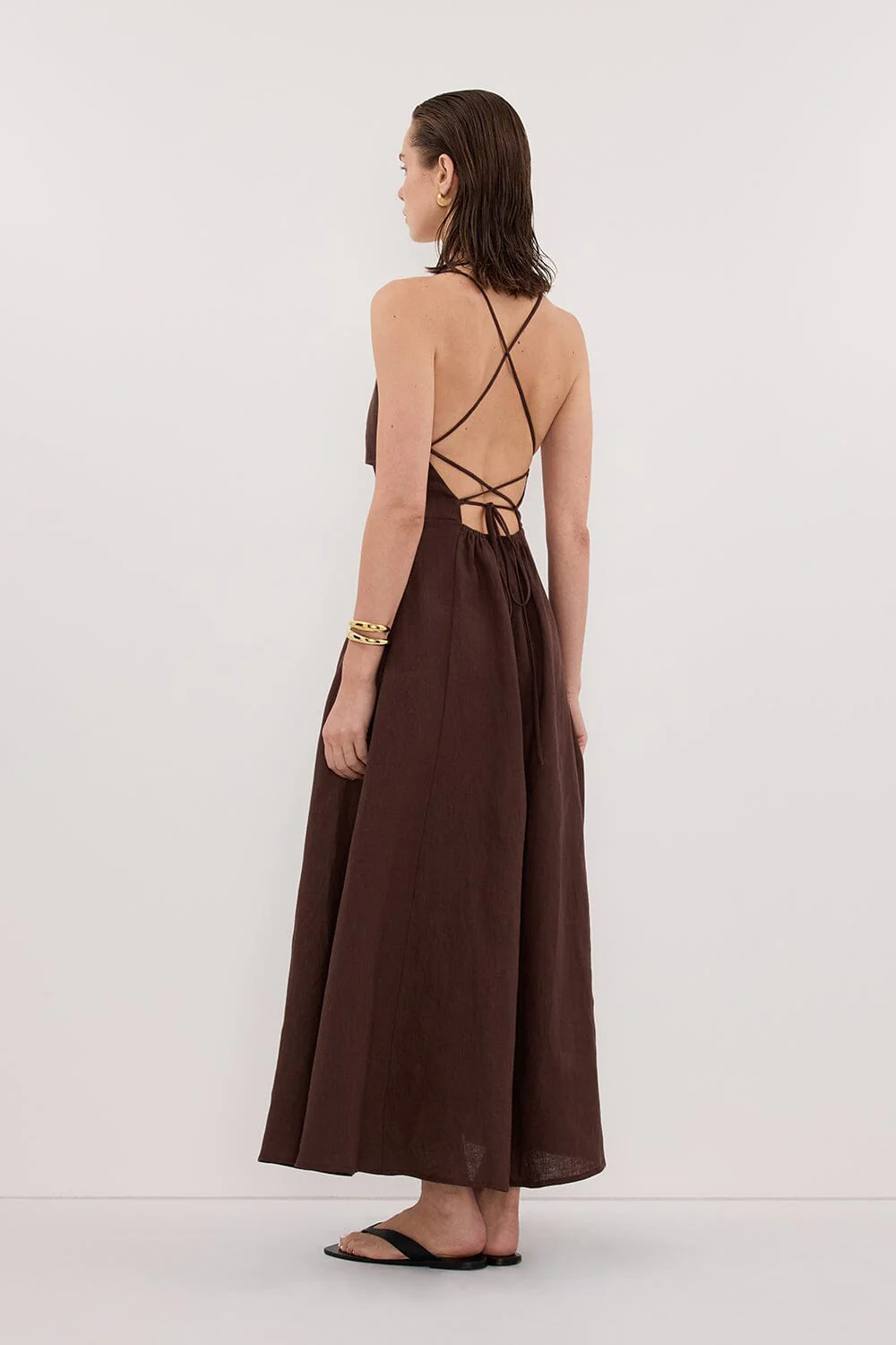 DANIELLA COCOA LINEN TIE BACK MIDI DRESS - Image 4