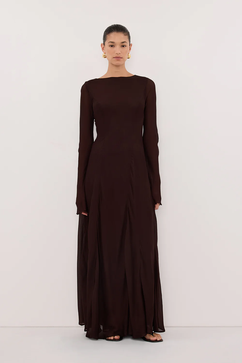 ELODIE DARK CHOC LONG SLEEVE MAXI DRESS