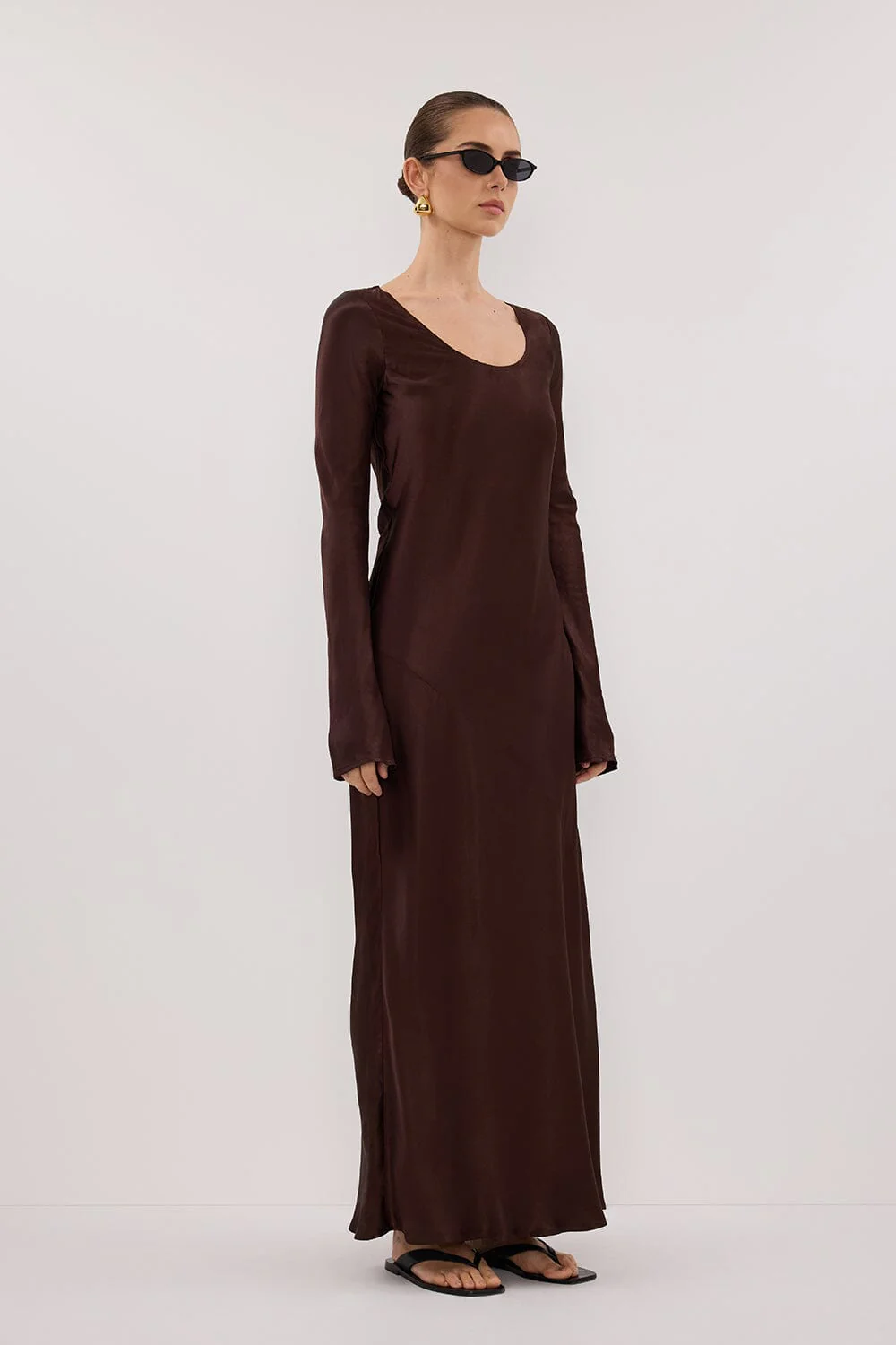 ELOISE BITTER CHOC LONG SLEEVE SATIN MIDI DRESS - Image 3