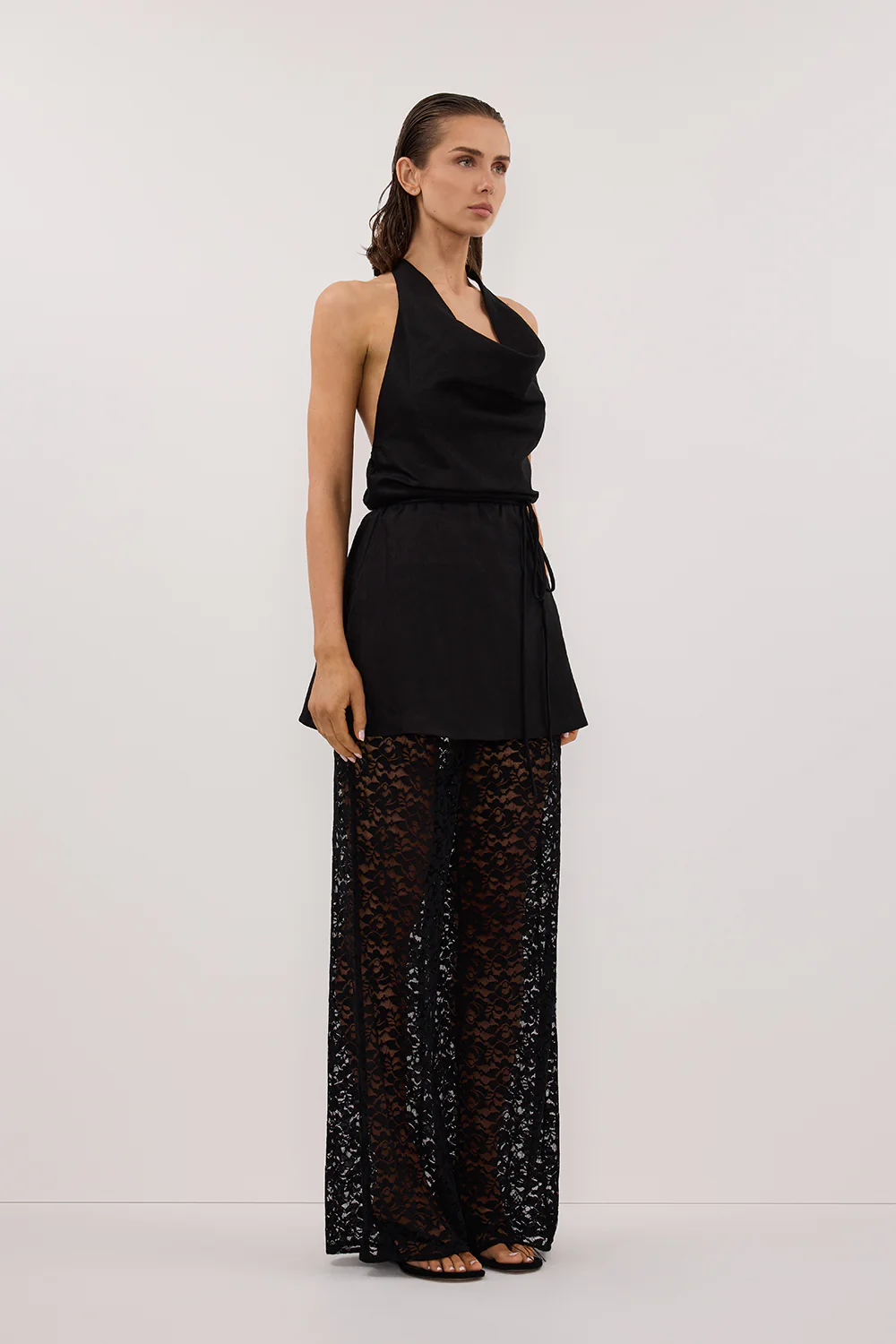 HAYLEE BLACK SLEEVELESS LINEN COWL TOP - Image 3