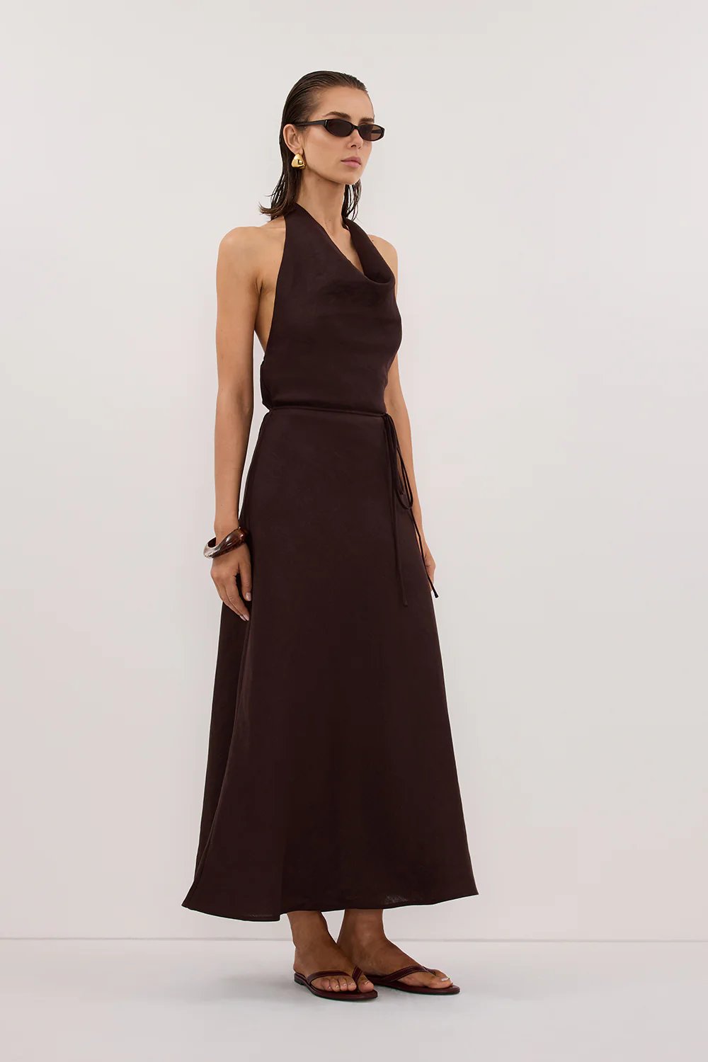 HAYLEE BURNT CHOC SLEEVELESS LINEN COWL MIDI DRESS - Image 3