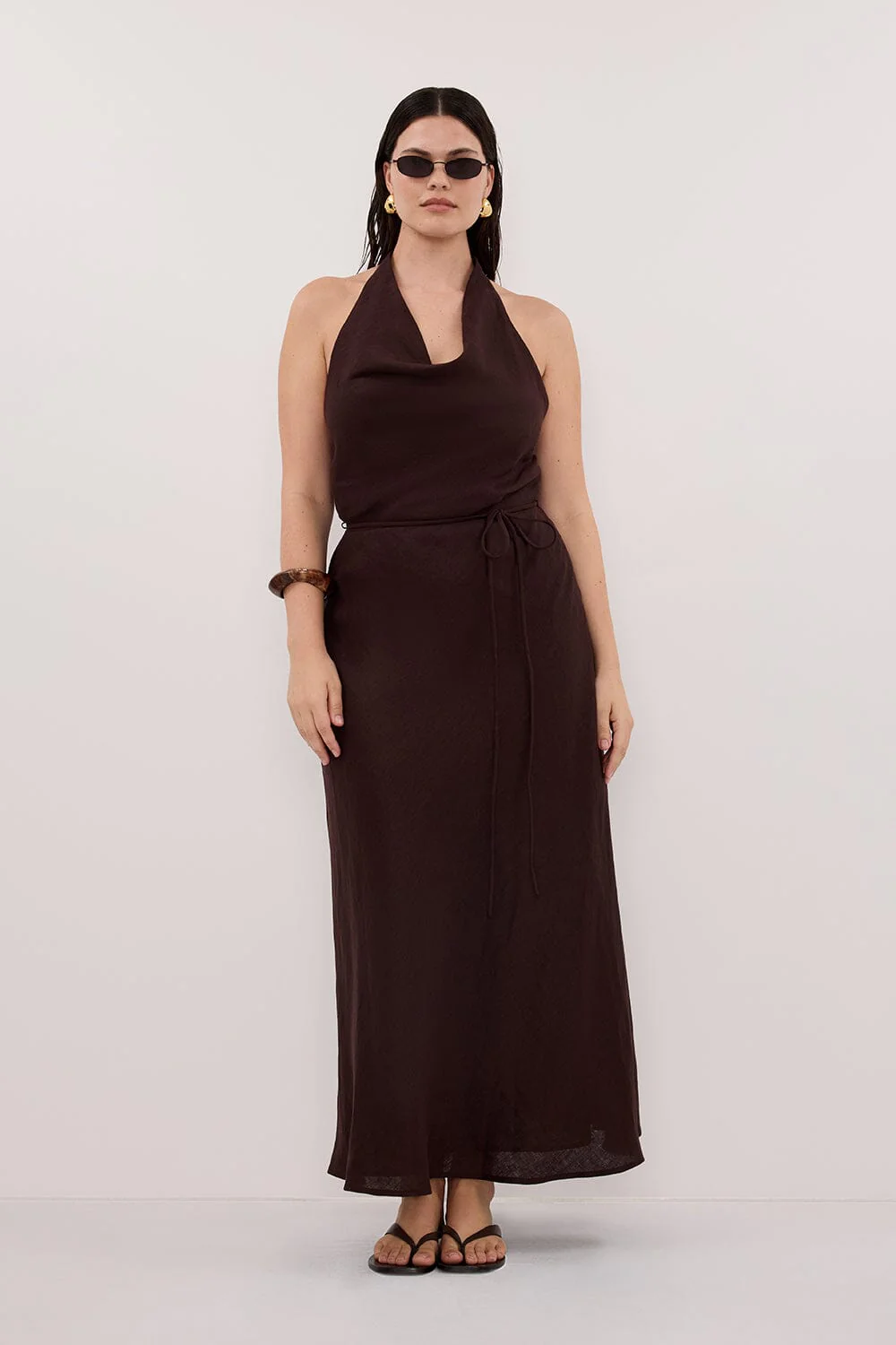 HAYLEE BURNT CHOC SLEEVELESS LINEN COWL MIDI DRESS - Image 6