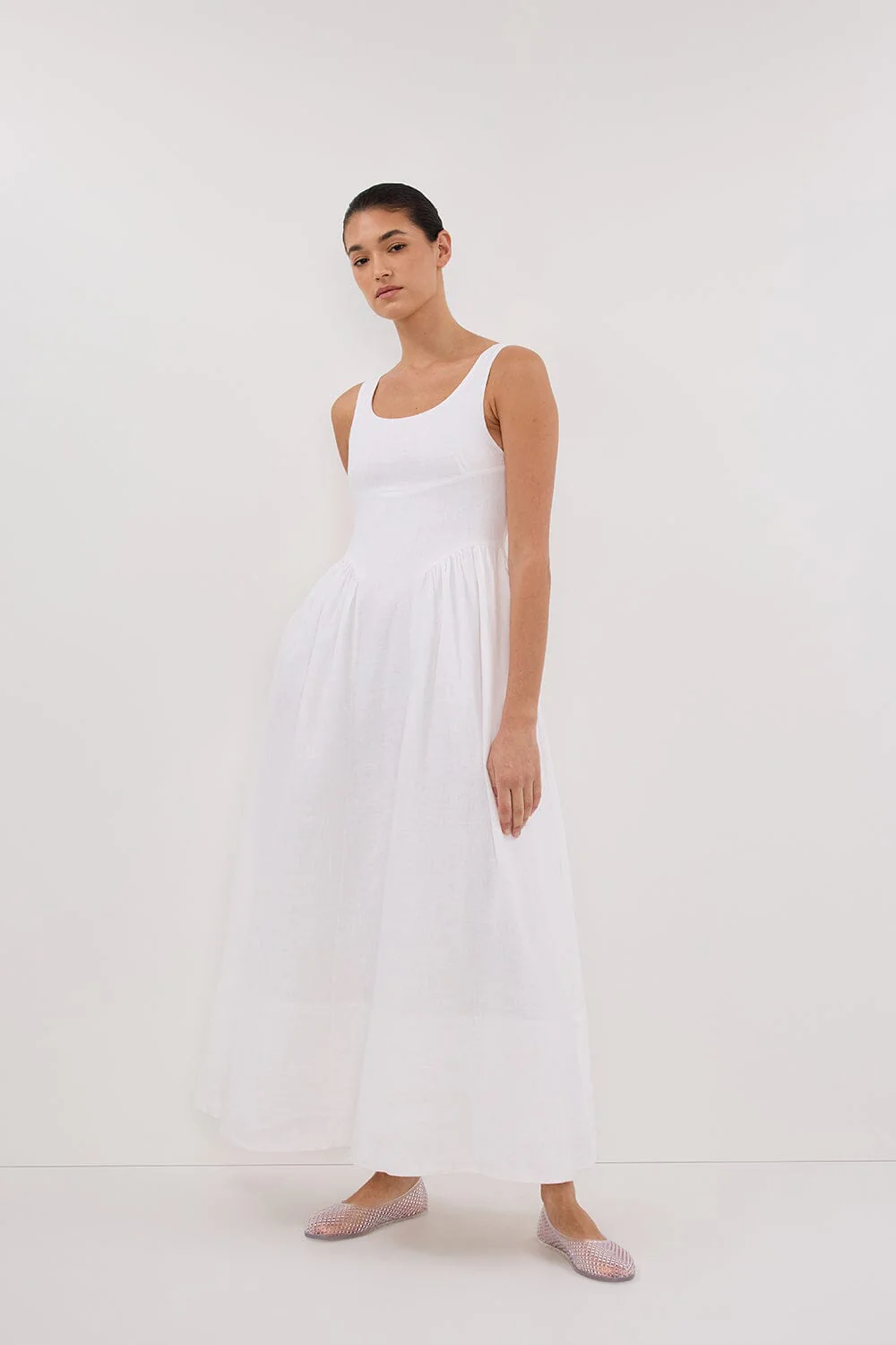 IBIZA WHITE LINEN MIDI DRESS - Image 4