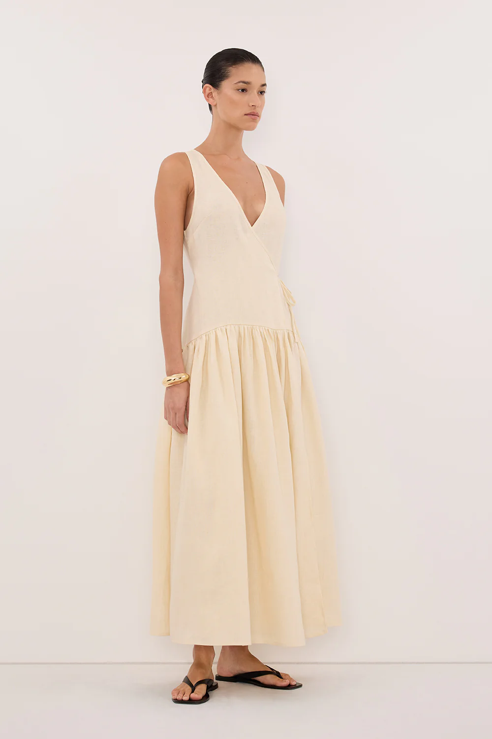 ILIO STRAW SLEEVELESS LINEN WRAP MIDI DRESS - Image 3