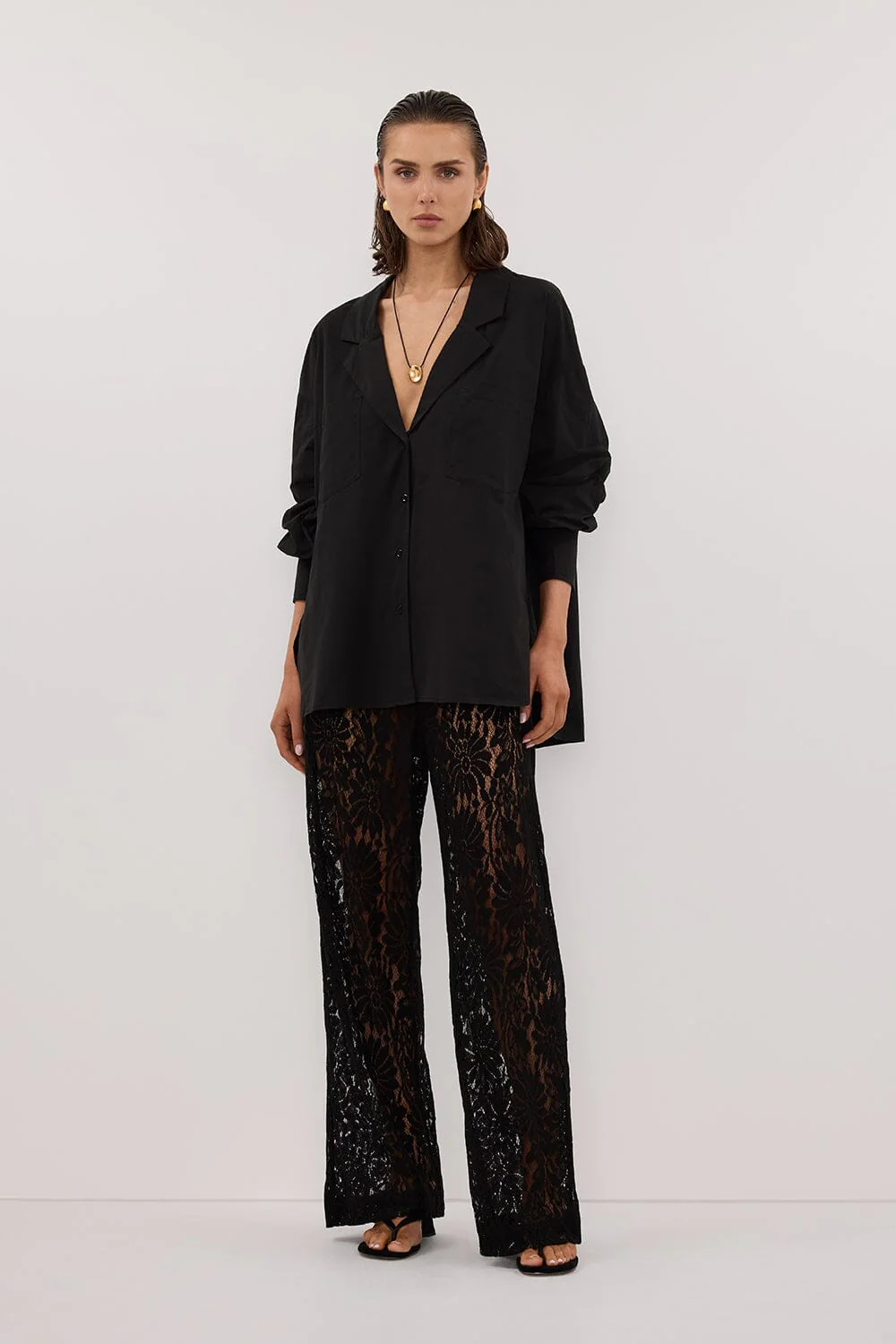 IRENE BLACK LONG SLEEVE NOTCH COLLAR SHIRT