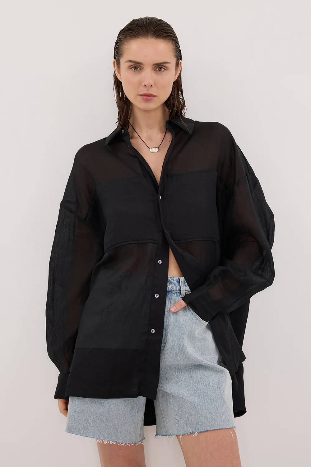 KAI BLACK OVERSIZED RAMIE LONG SLEEVE SHIRT - Image 2