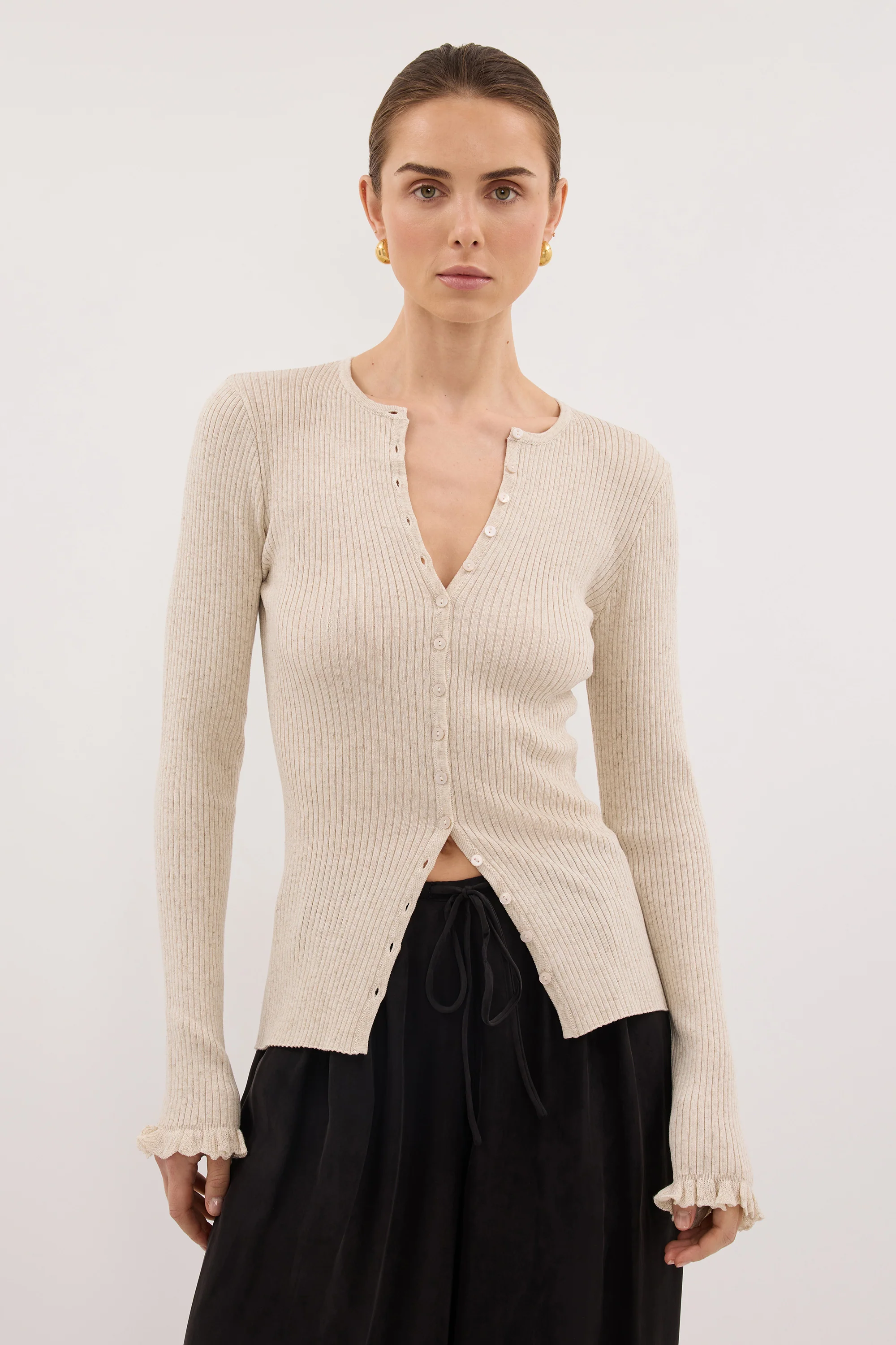 KAIA NATURAL RUFFLE KNIT CARDIGAN - Image 2