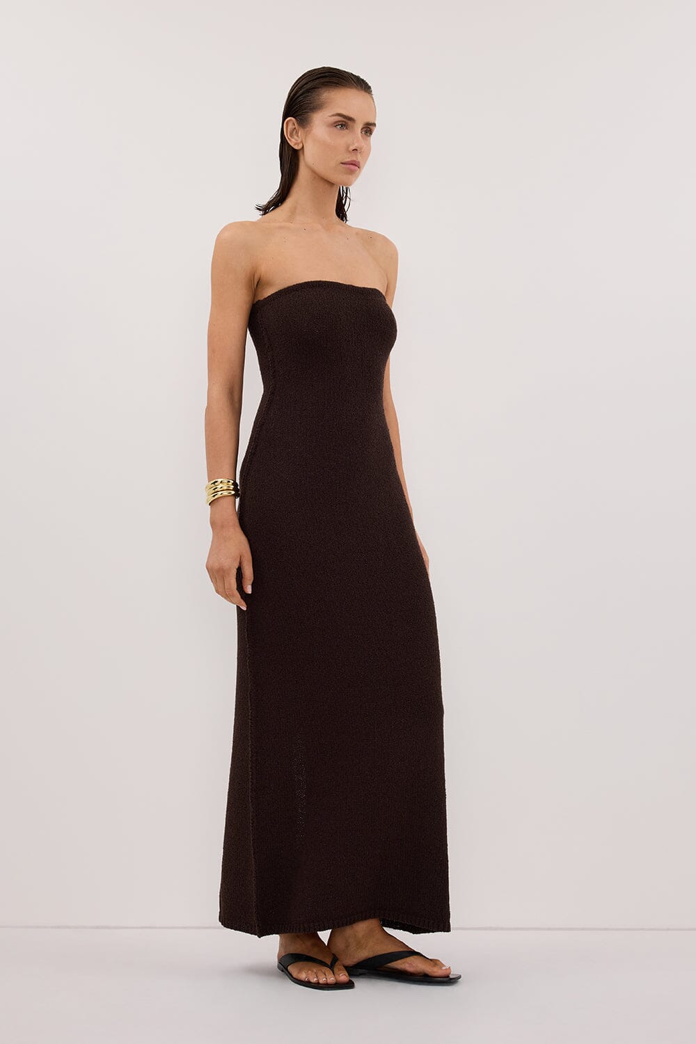 KARA CHOC STRAPLESS KNIT MIDI DRESS - Image 3