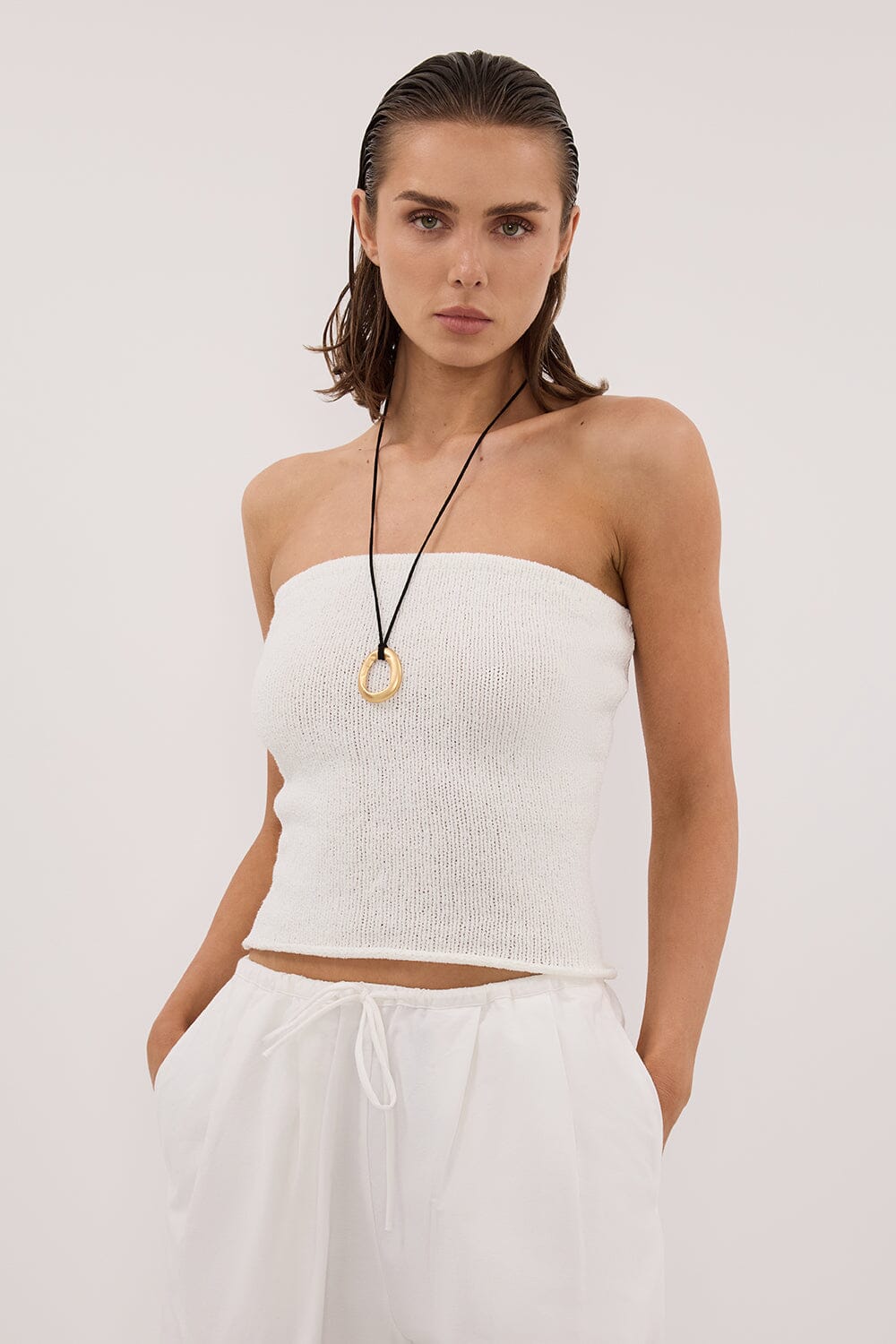 KARA OFF WHITE STRAPLESS BANDEAU KNIT TOP - Image 2