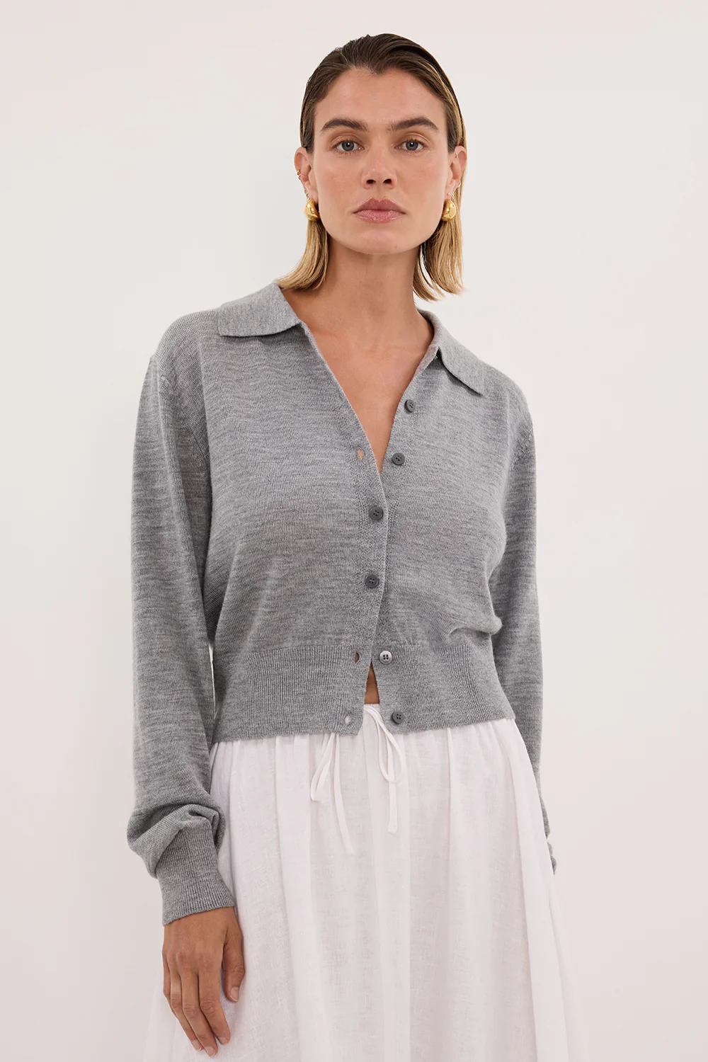 KYRA SILVER LONG SLEEVE MERINO WOOL CARDIGAN - Image 2