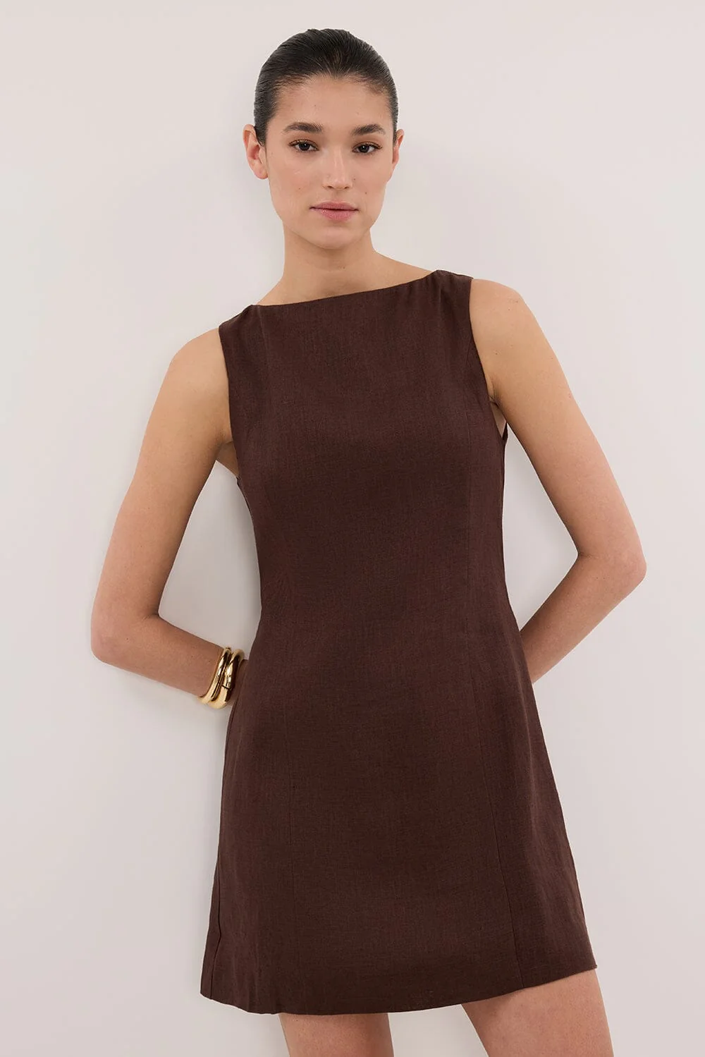 LACY COCOA SLEEVELESS LINEN MINI DRESS - Image 2