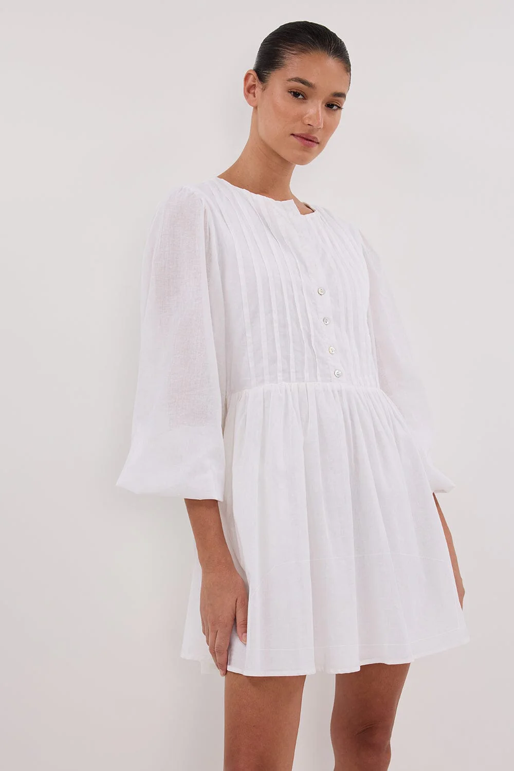 LARS WHITE BUTTON LONG SLEEVE LINEN MINI DRESS - Image 6