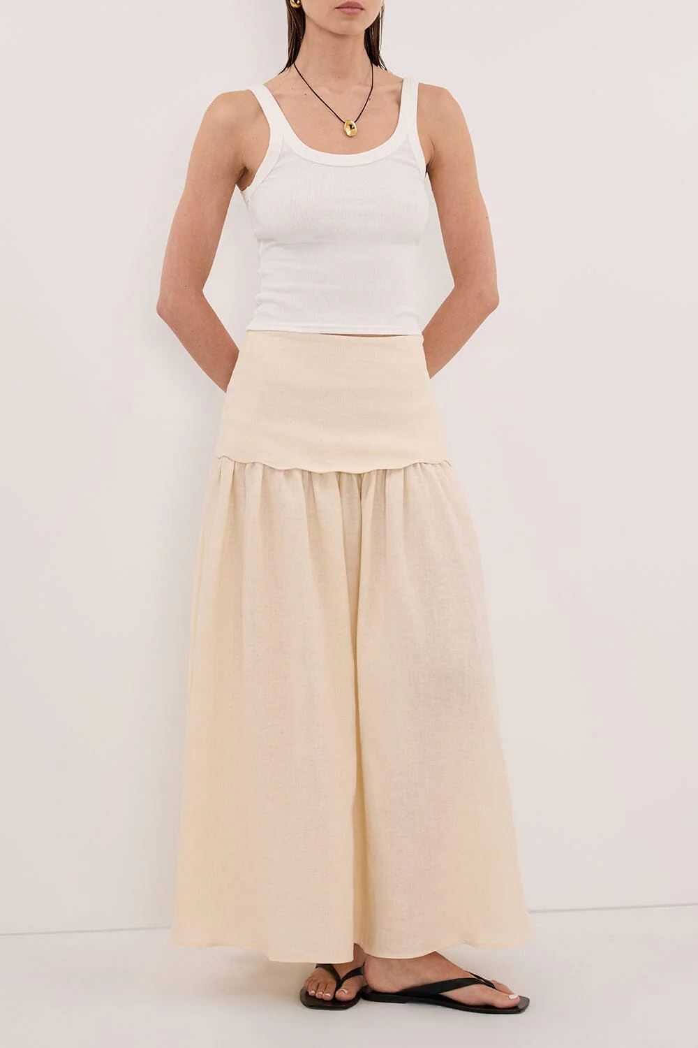 LELA SANDSTONE FOLDOVER LINEN MIDI SKIRT - Image 2