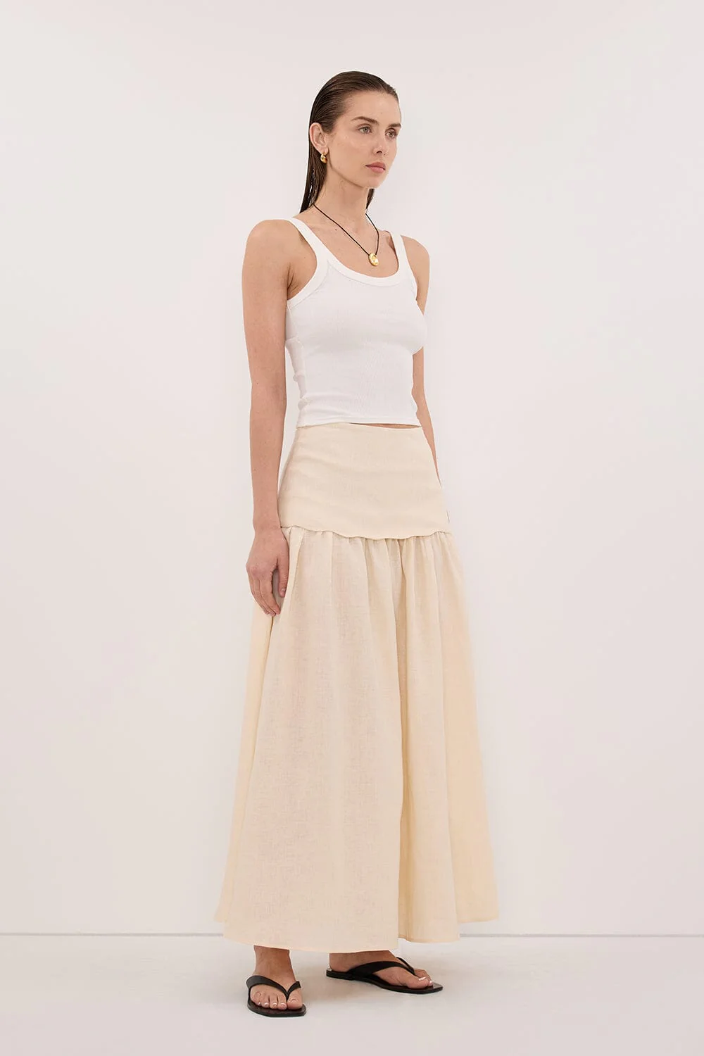 LELA SANDSTONE FOLDOVER LINEN MIDI SKIRT - Image 3