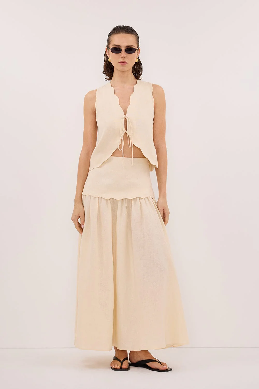 LELA SANDSTONE FOLDOVER LINEN MIDI SKIRT - Image 6