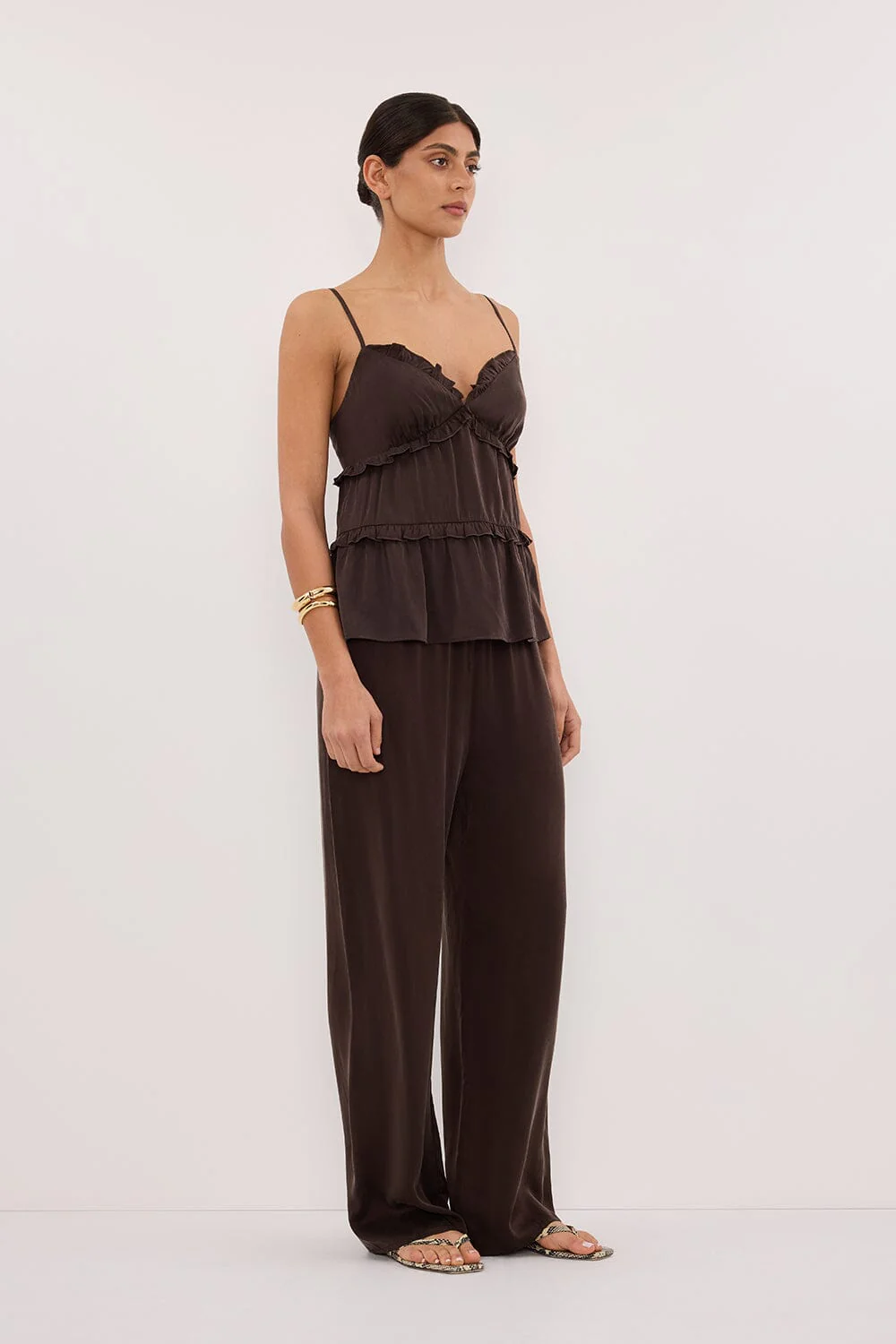 LENA BITTER CHOC SILK SLEEVELESS FRILL TOP - Image 3