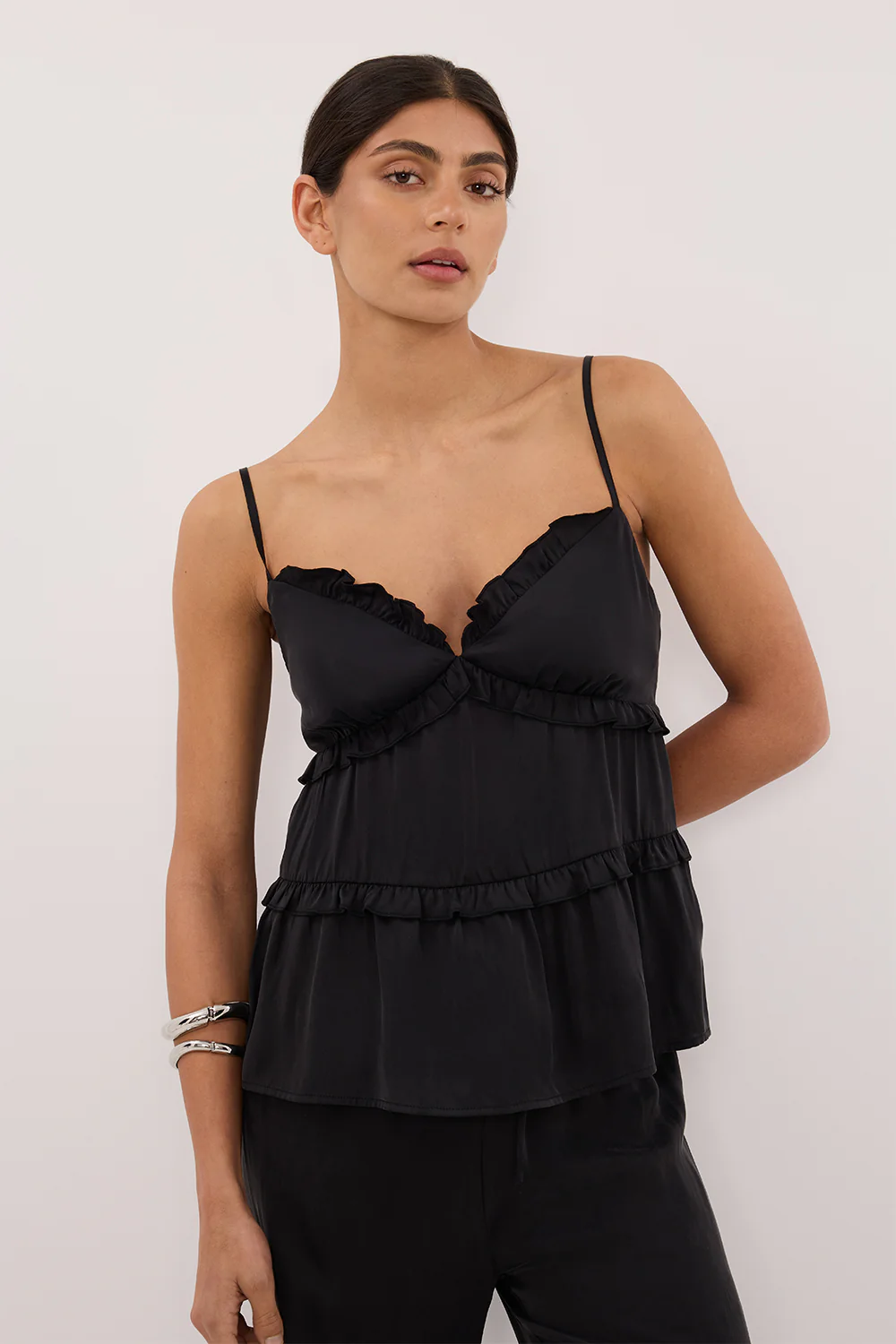 LENA BLACK SILK SLEEVELESS FRILL TOP - Image 2