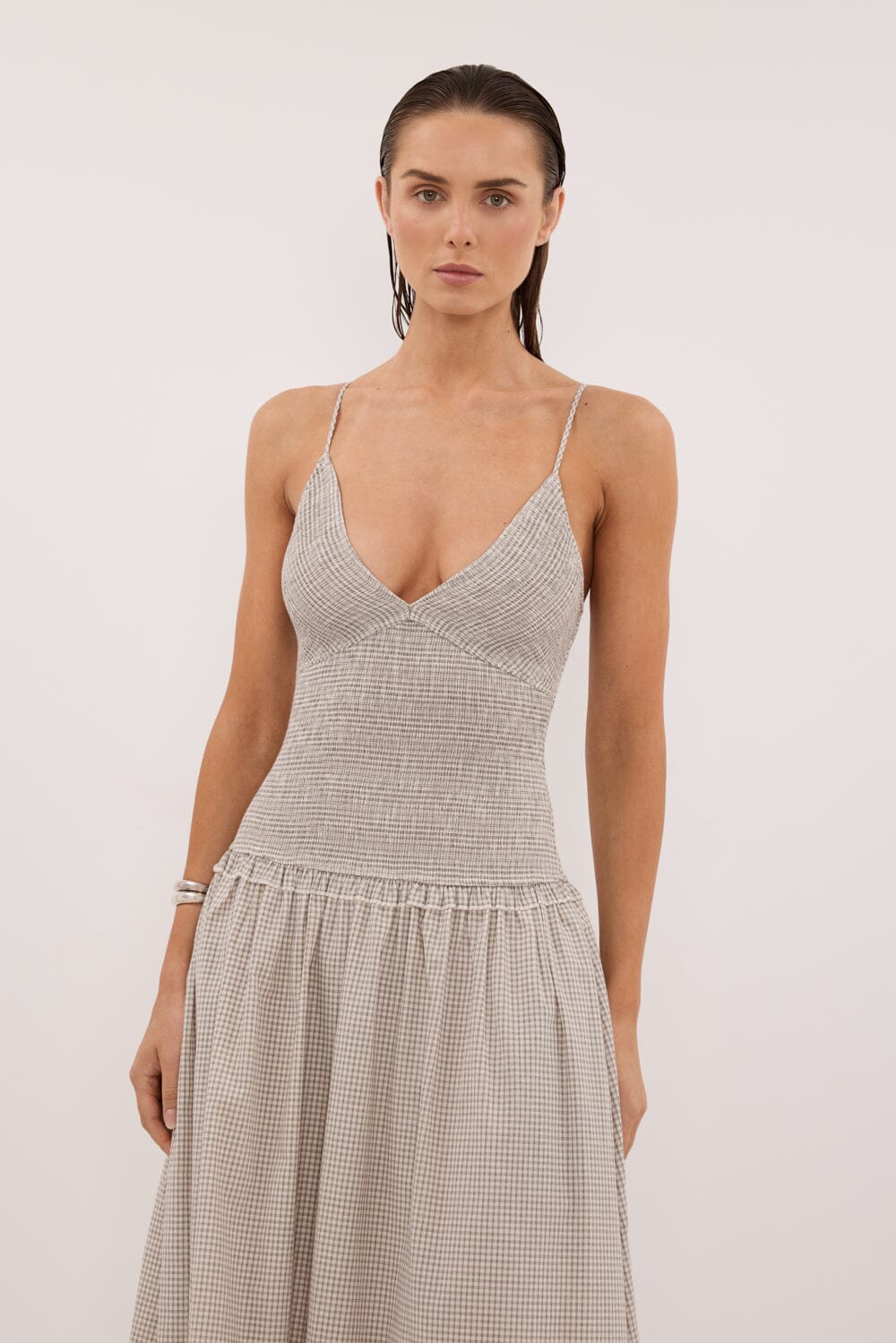 LILITH SLEEVELESS CHECK COTTON MIDI DRESS - Image 3