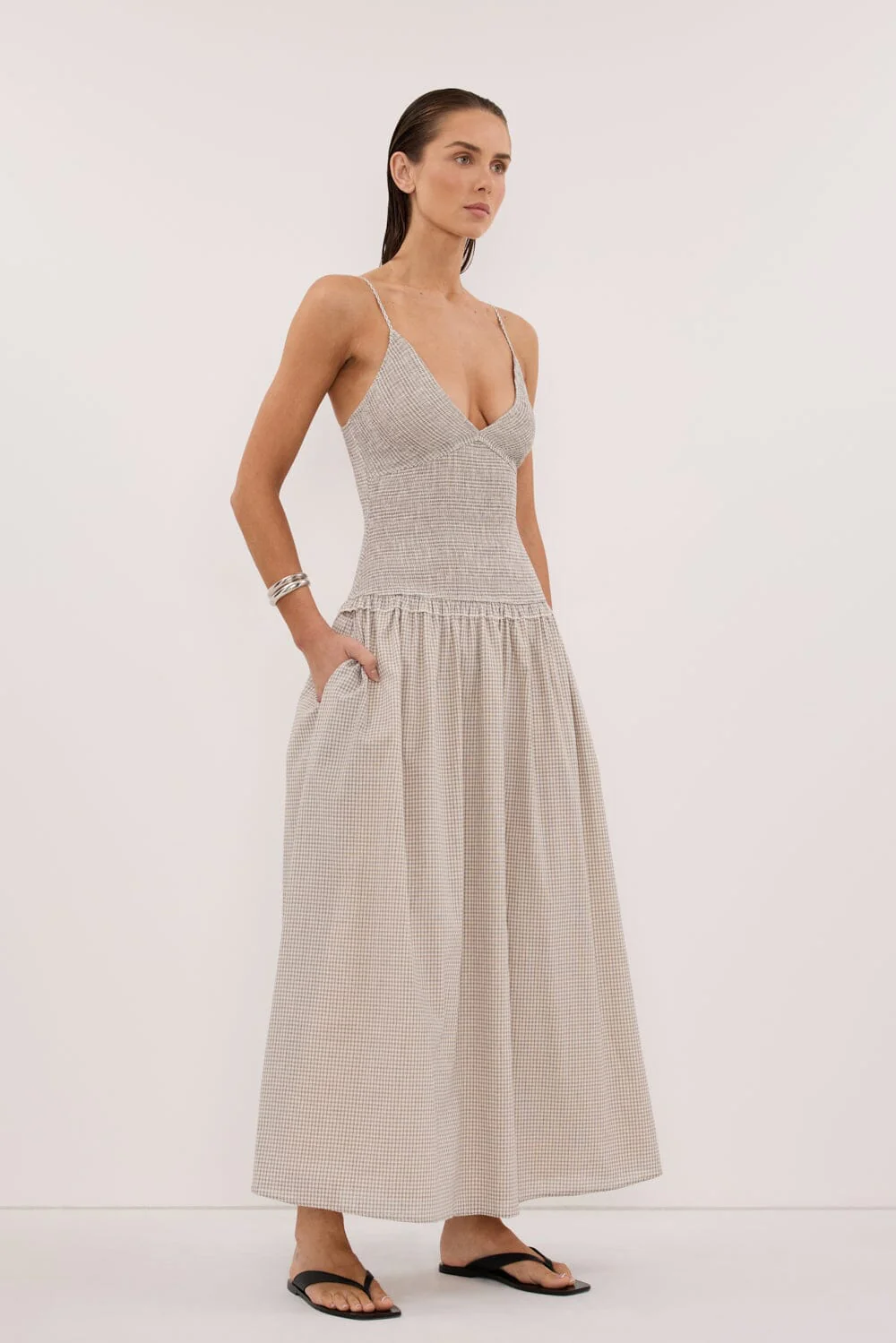 LILITH SLEEVELESS CHECK COTTON MIDI DRESS - Image 4