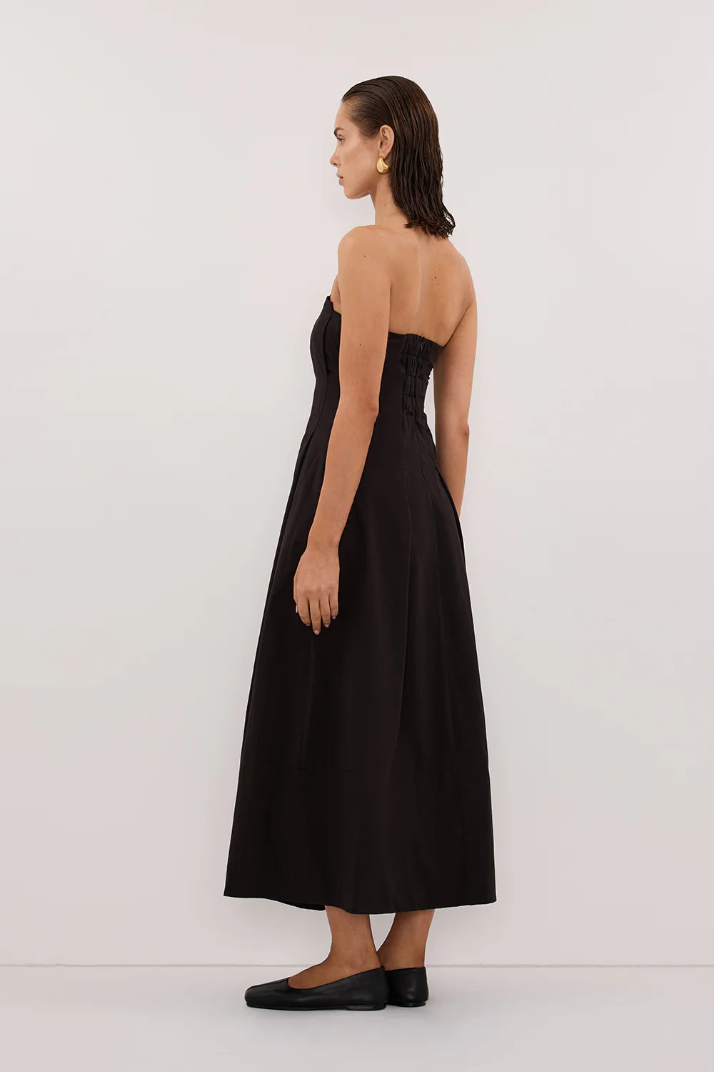 LILLY BLACK COTTON STRAPLESS MIDI DRESS - Image 4