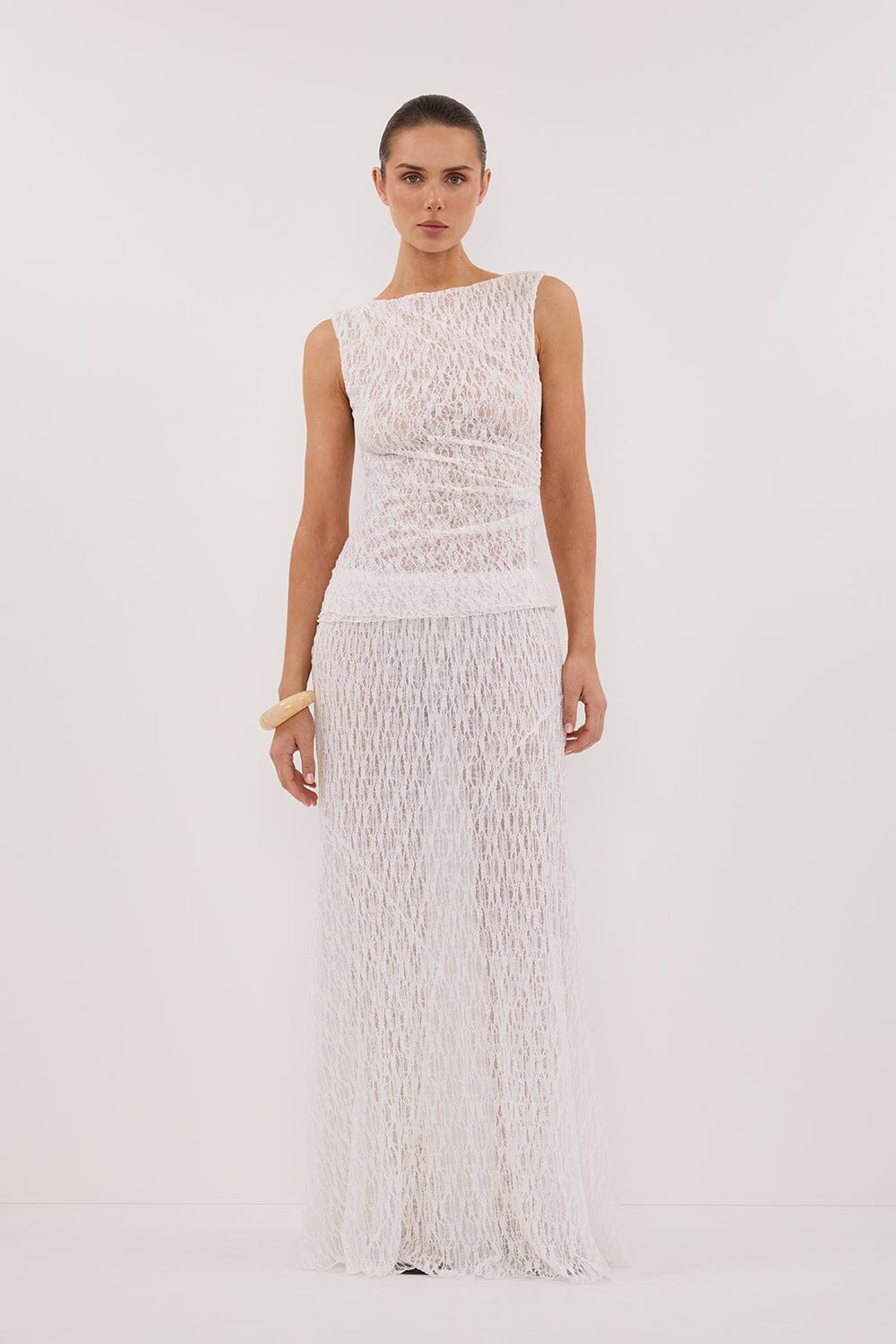 LIZZIE WHITE LAYERED LACE MIDI SKIRT