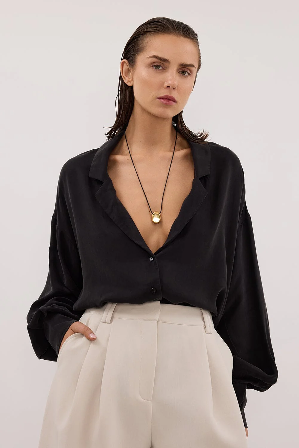 LUCILLE BLACK LONG SLEEVE CUPRO SHIRT - Image 2