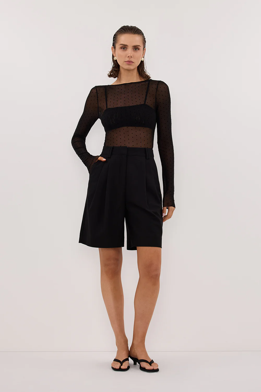 MAE BLACK MESH SPOT LONG SLEEVE TOP