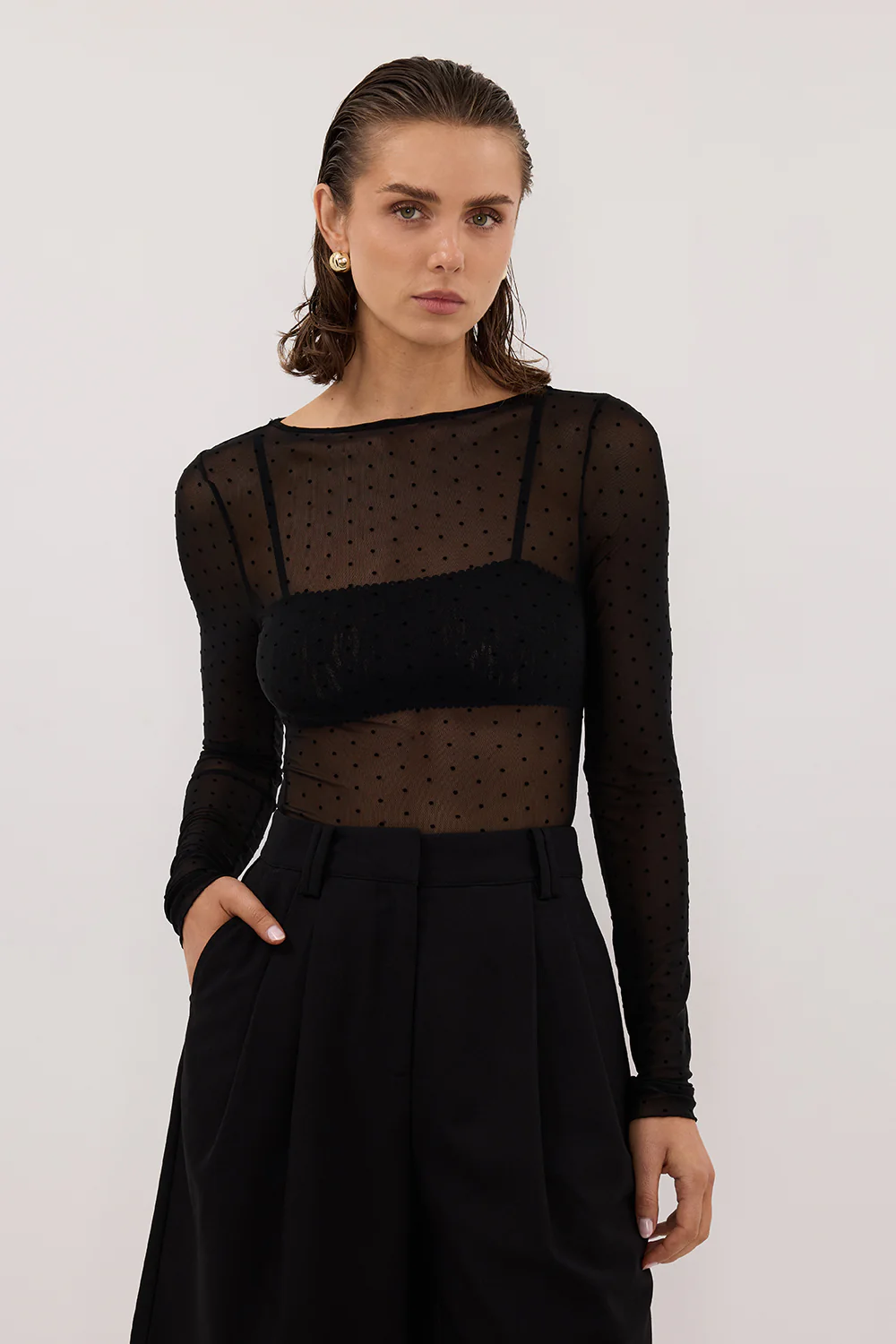 MAE BLACK MESH SPOT LONG SLEEVE TOP - Image 2