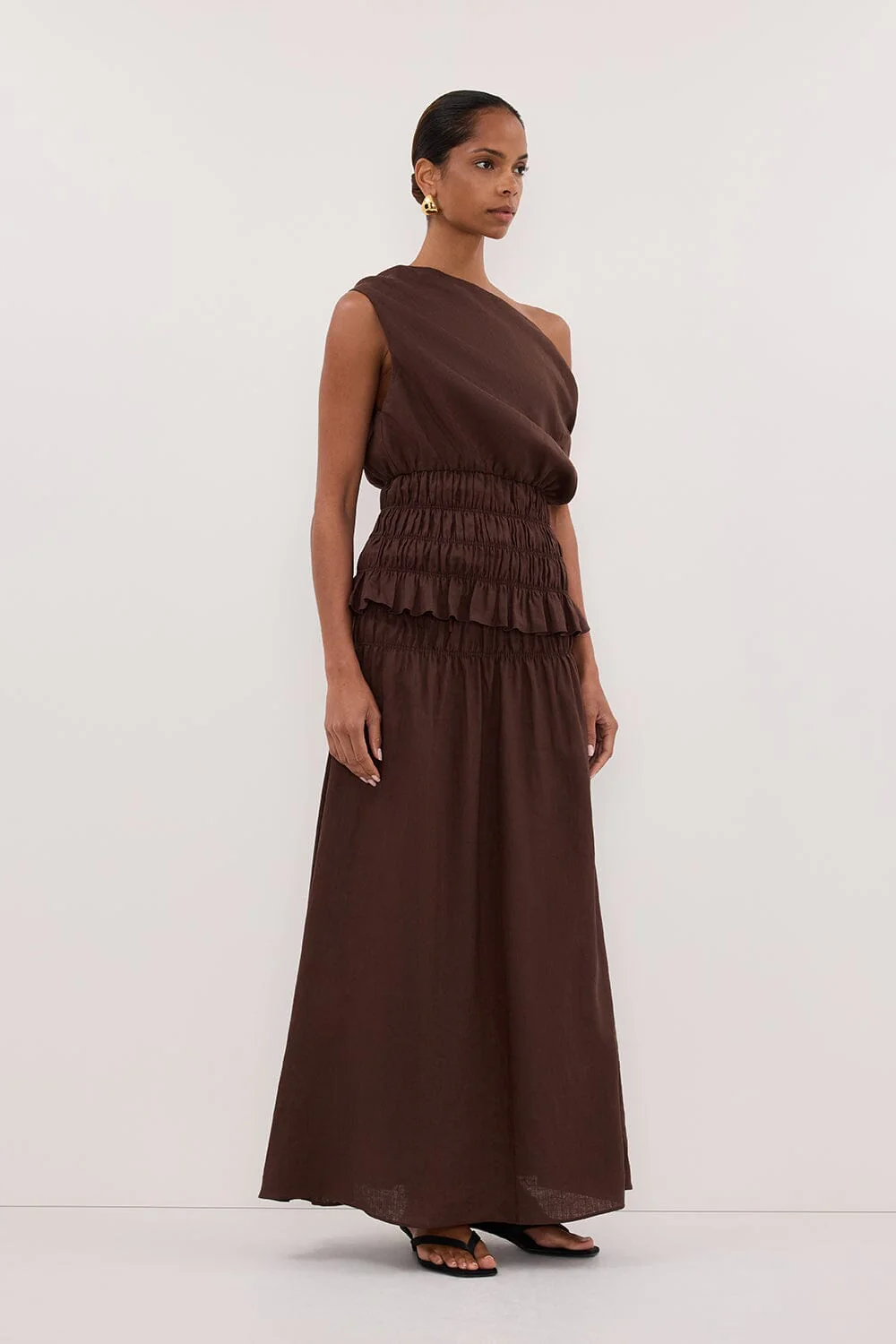 MAIA COCOA LINEN SHIRRED MIDI SKIRT - Image 3