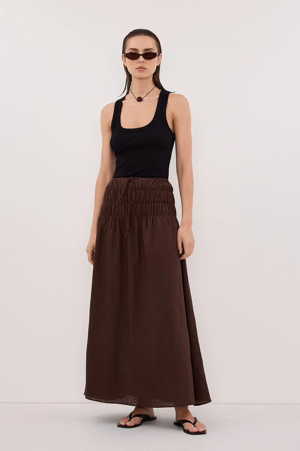 MAIA COCOA LINEN SHIRRED MIDI SKIRT - Image 6