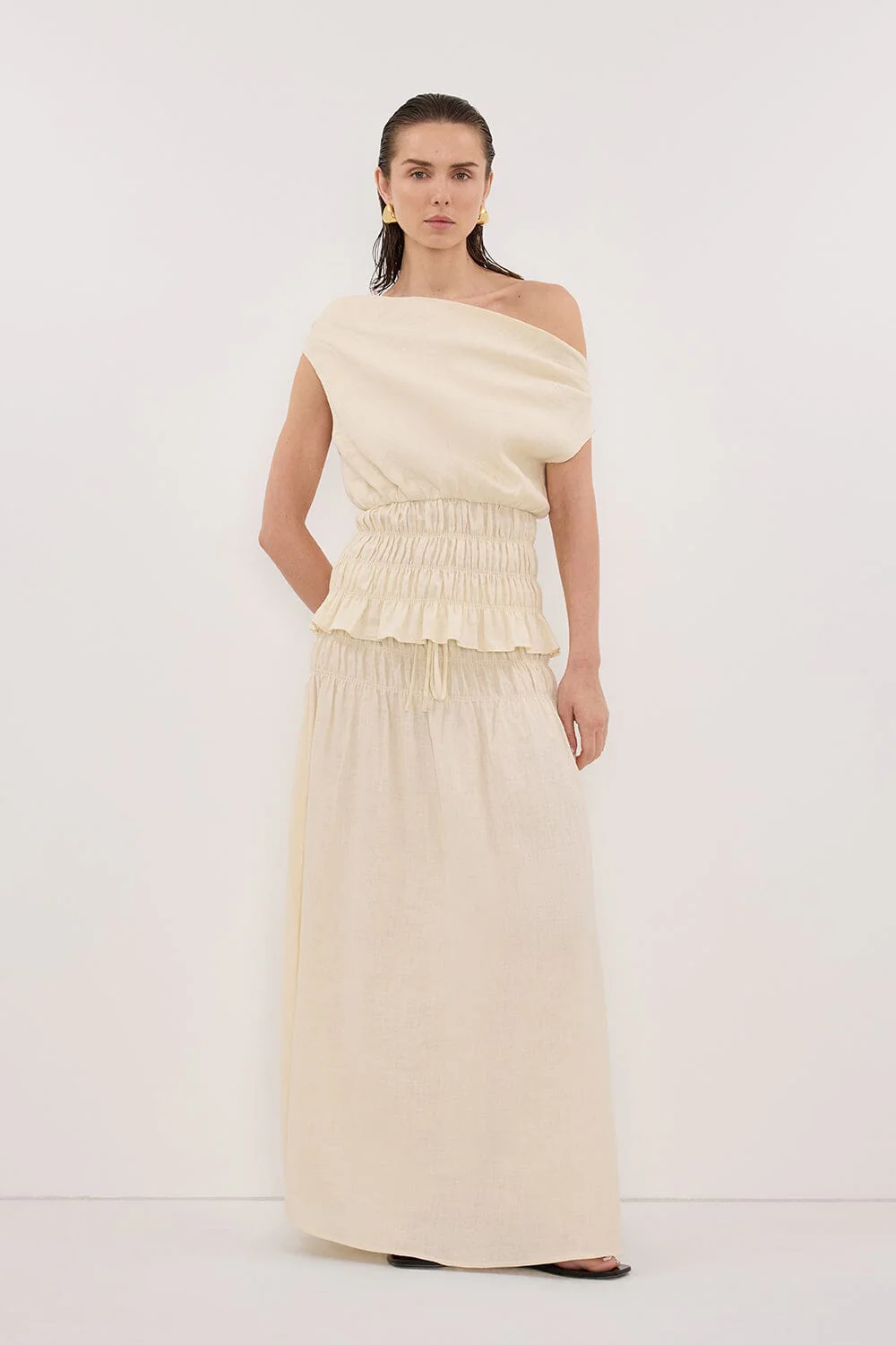 MAIA STRAW SLEEVELESS LINEN SHIRRED TOP