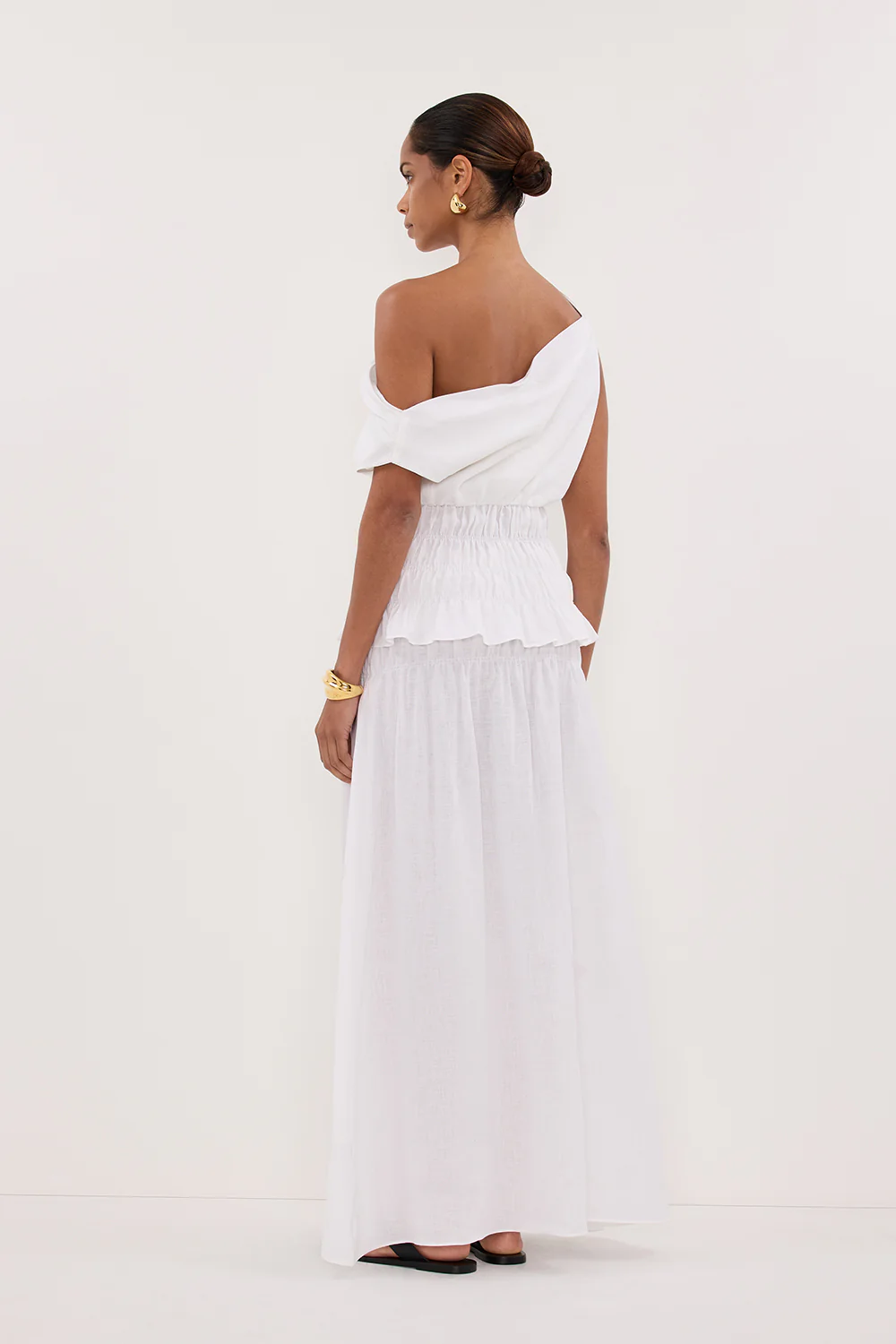 MAIA WHITE LINEN SHIRRED MIDI SKIRT - Image 4
