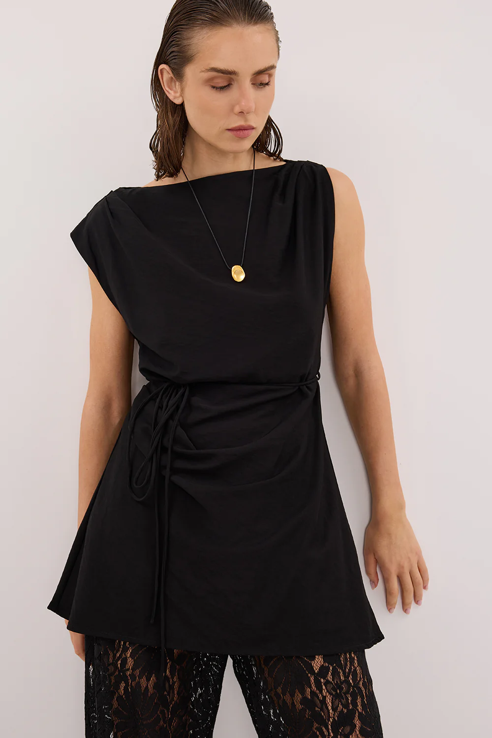 MARMO BLACK DRAPED MINI DRESS - Image 5